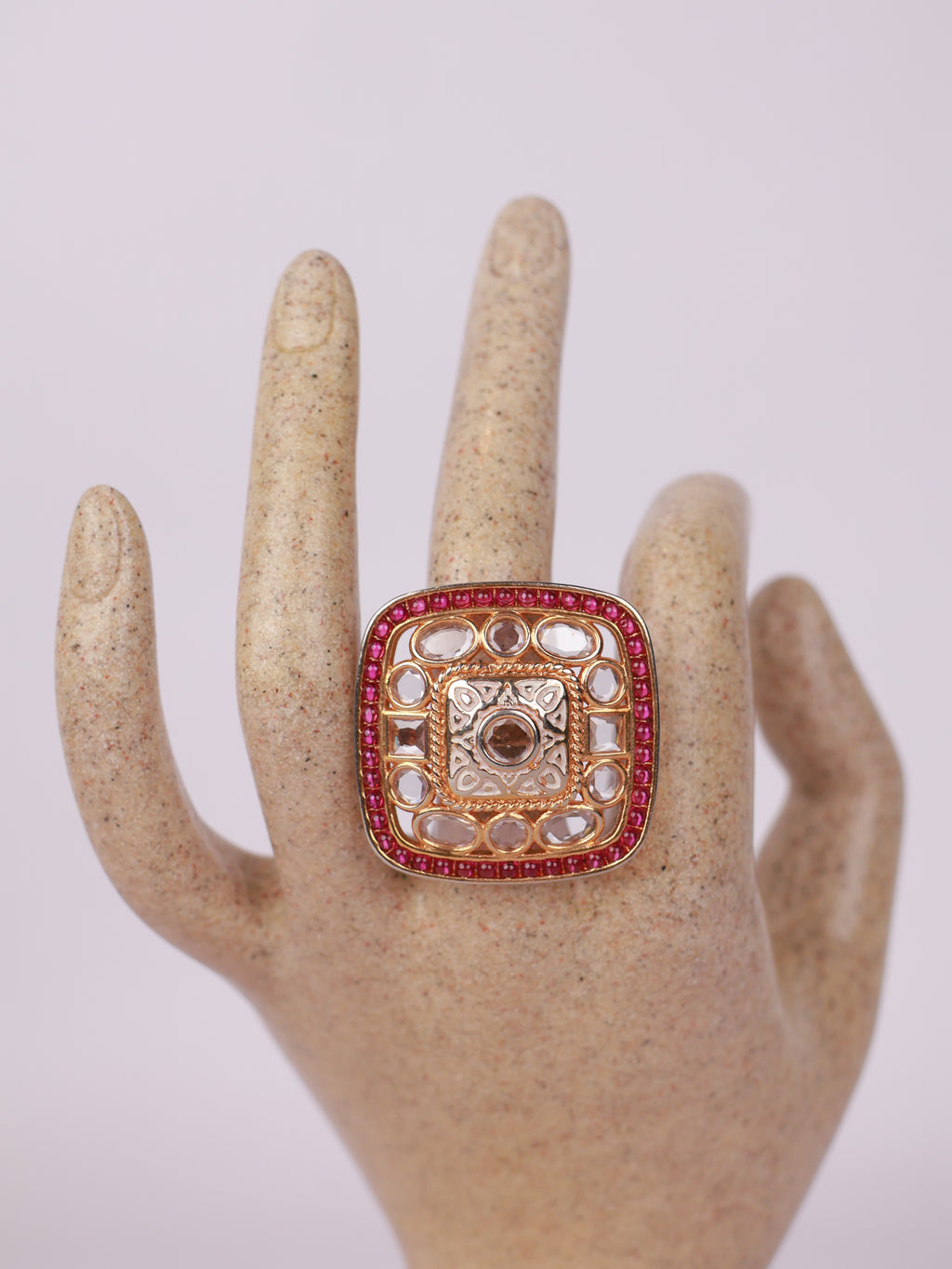 Royal Kundan Polki & Ruby Border Square Statement Ring