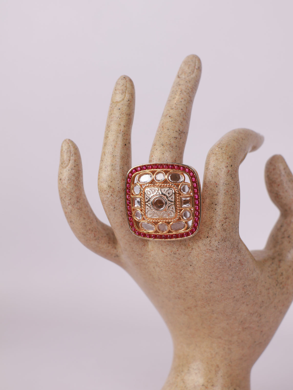 Royal Kundan Polki & Ruby Border Square Statement Ring