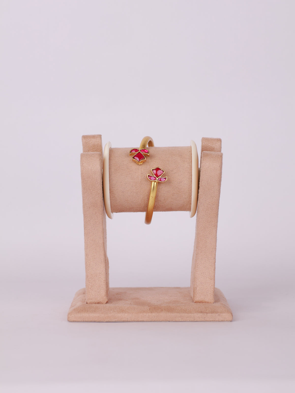 Royal Ruby Lotus Motif Matte Gold Open Bracelet
