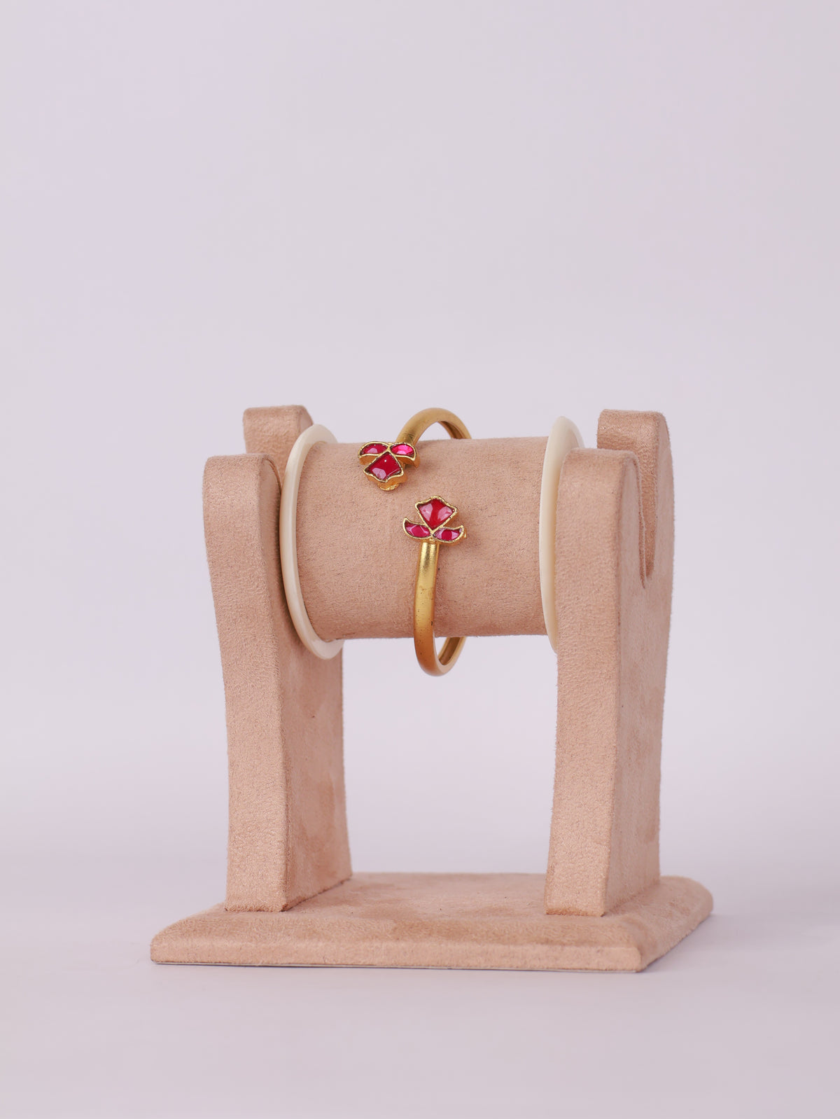 Royal Ruby Lotus Motif Matte Gold Open Bracelet