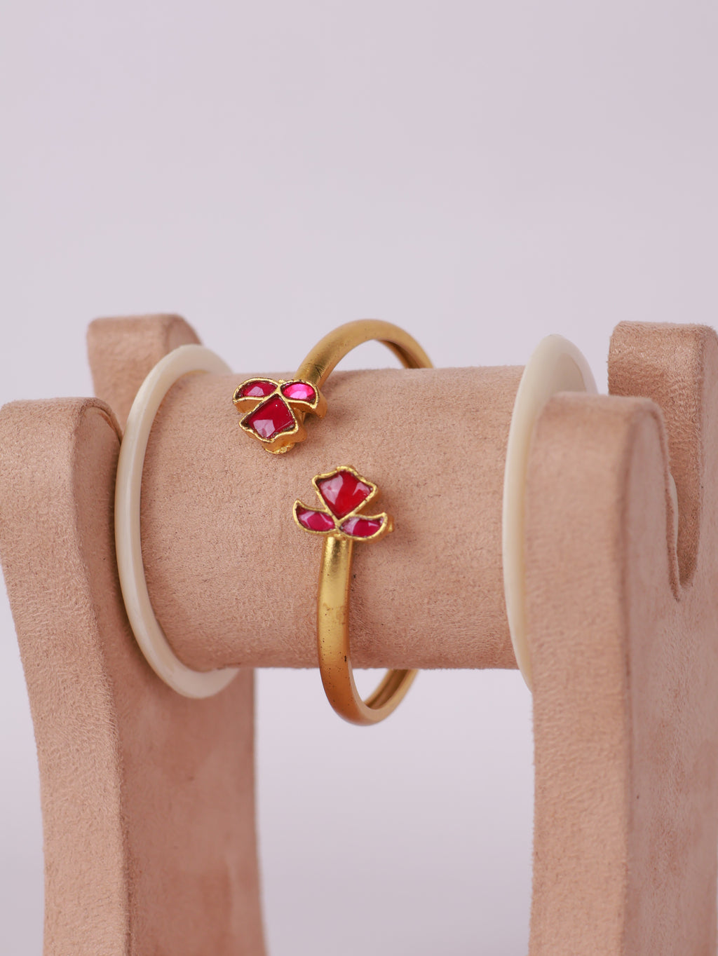 Royal Ruby Lotus Motif Matte Gold Open Bracelet