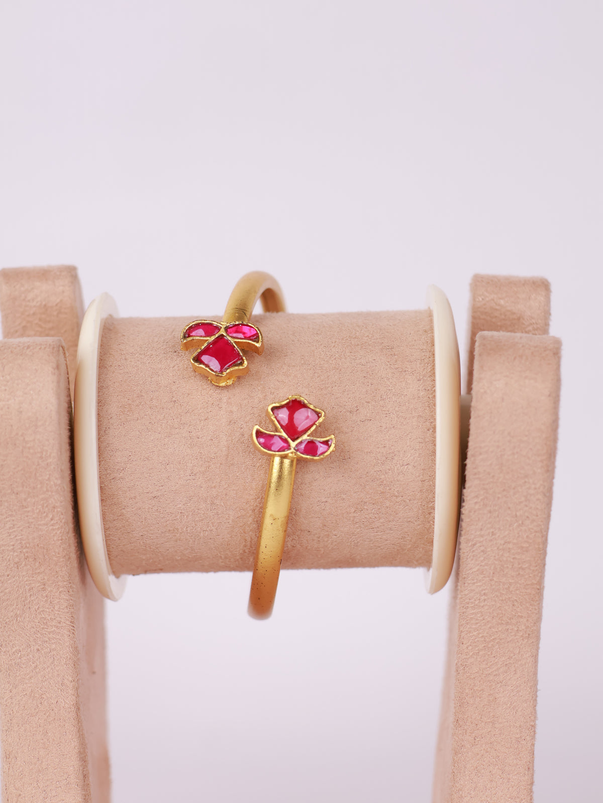 Royal Ruby Lotus Motif Matte Gold Open Bracelet