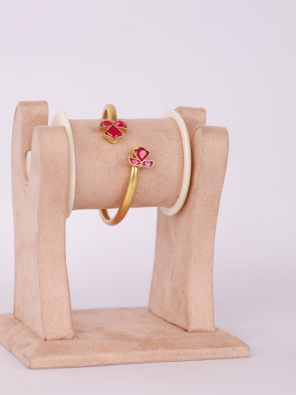 Royal Ruby Lotus Motif Matte Gold Open Bracelet