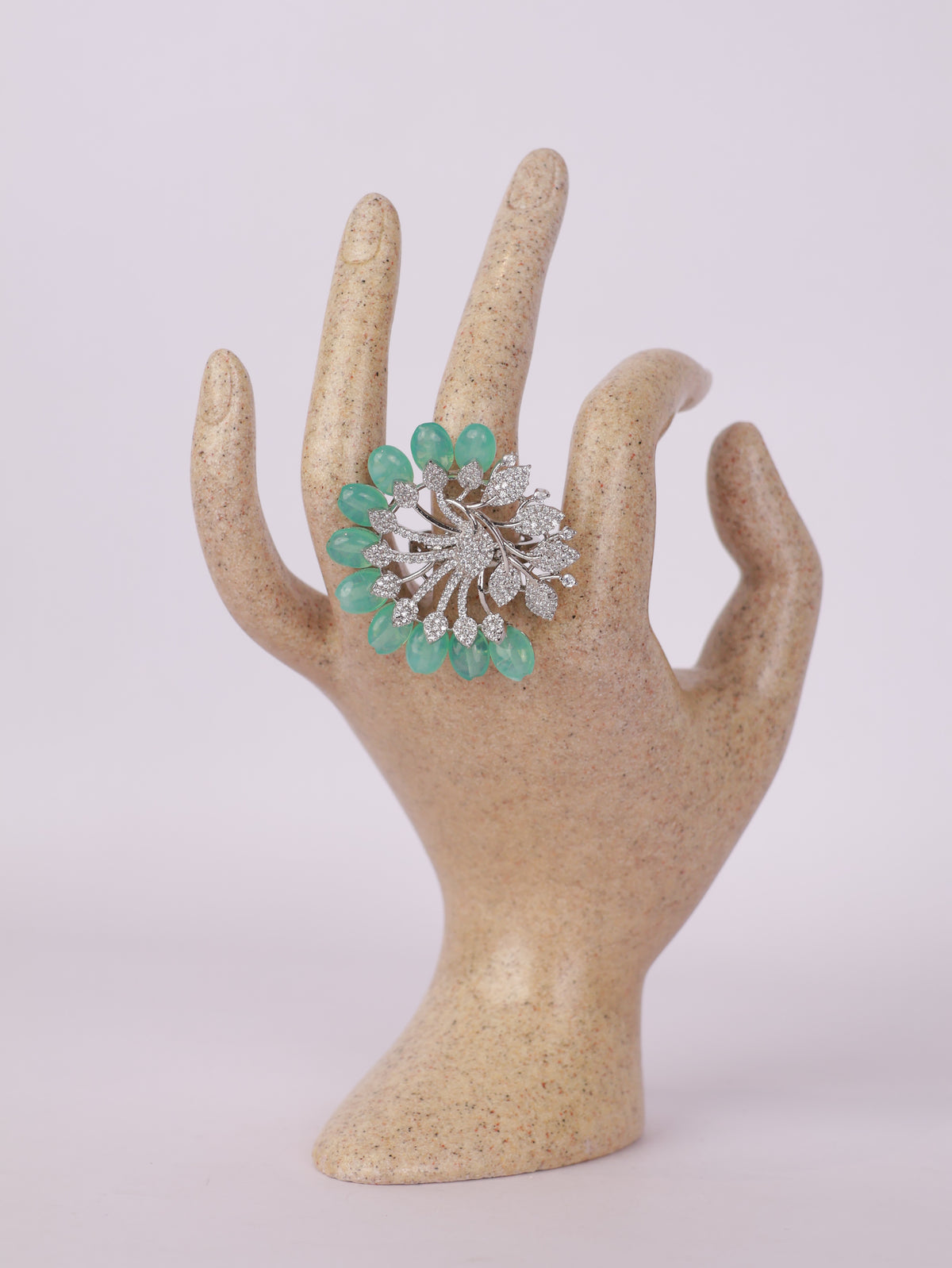 Royal Mint Green Bead & Pavé Floral Cocktail Ring