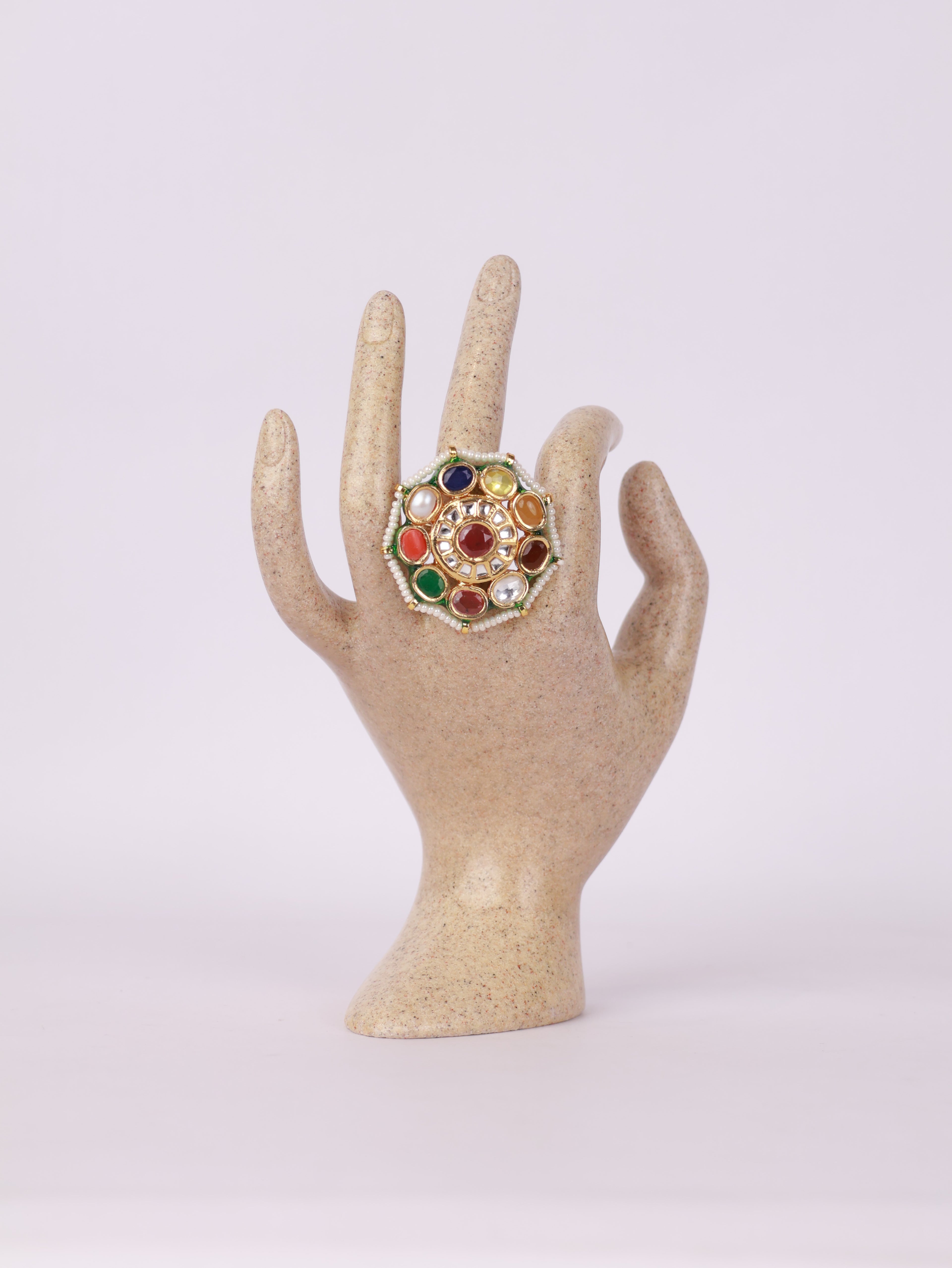 Royal Navratna Kundan & Pearl Mandala Statement Ring