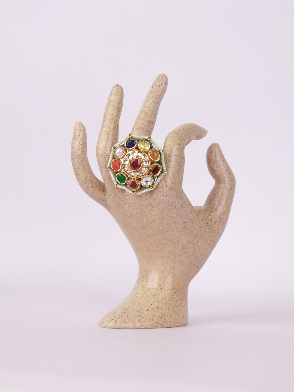 Royal Navratna Kundan & Pearl Mandala Statement Ring