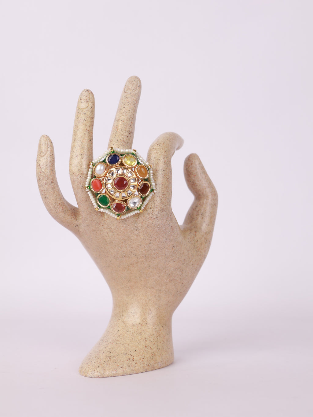Royal Navratna Kundan & Pearl Mandala Statement Ring