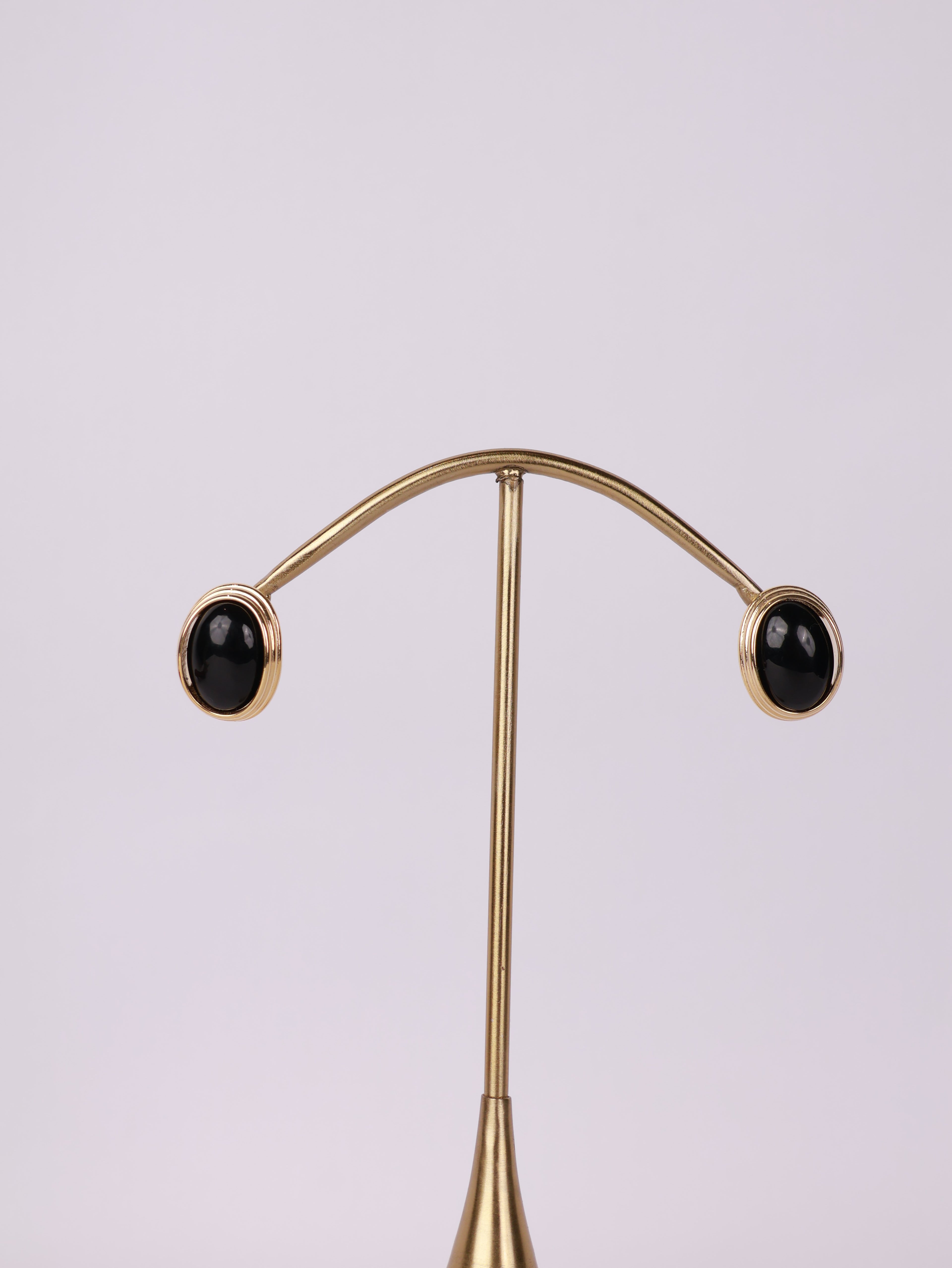 Royal Jet Black Onyx Oval Bezel Stud Earrings