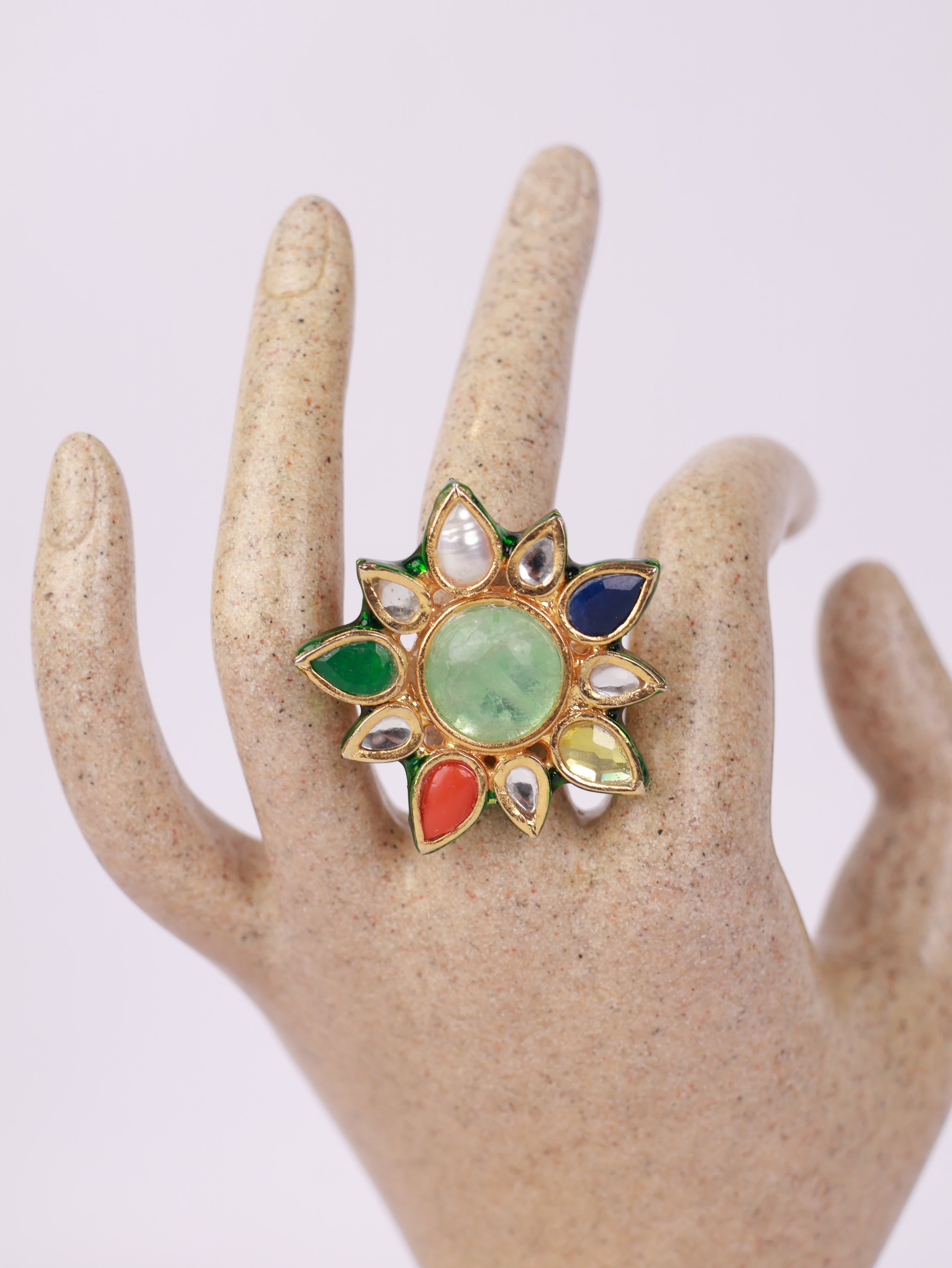 Royal Navratna Floral Kundan Statement Ring