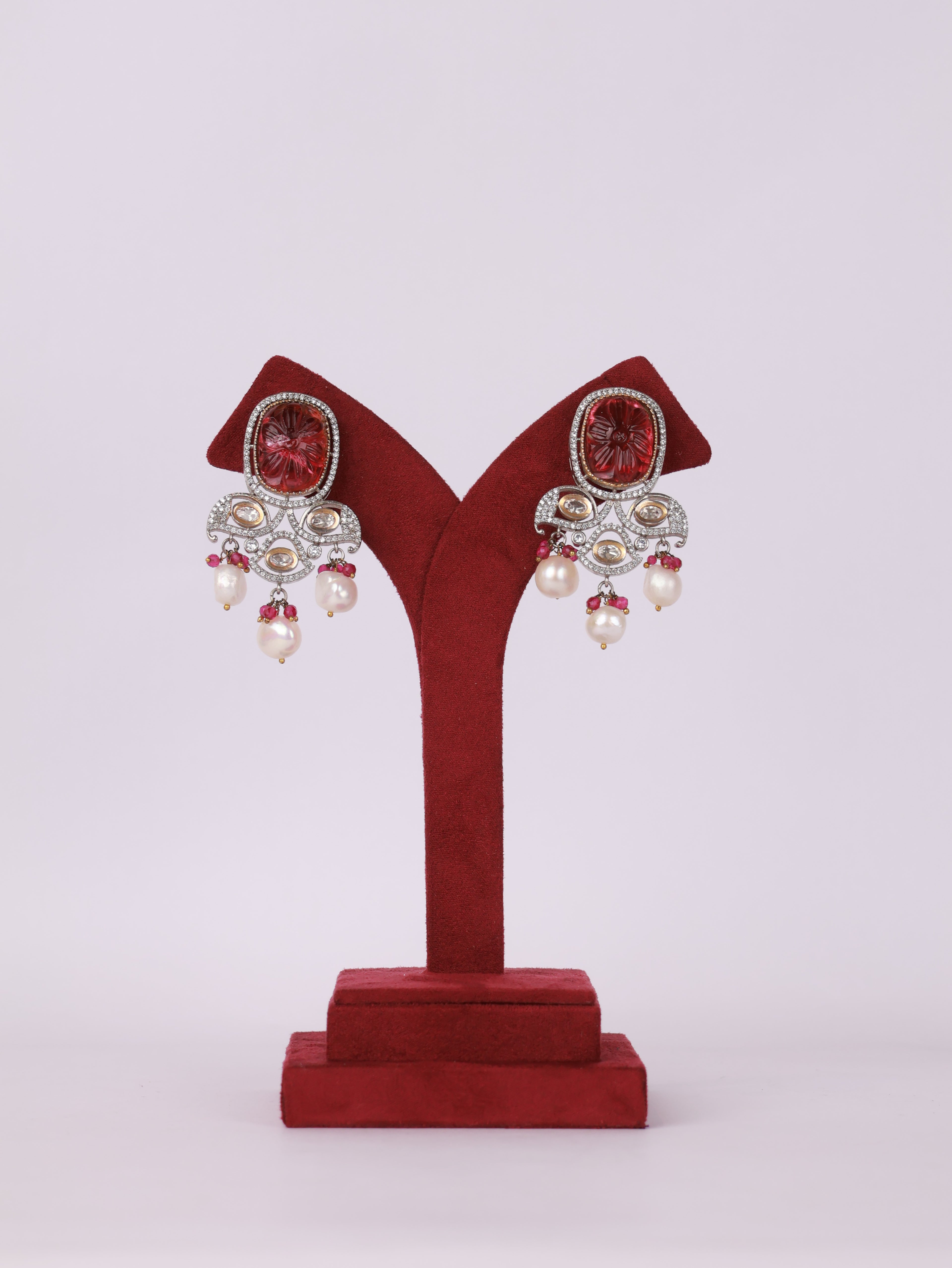 Carved Ruby & Diamond Baroque Pearl Chandelier Earrings
