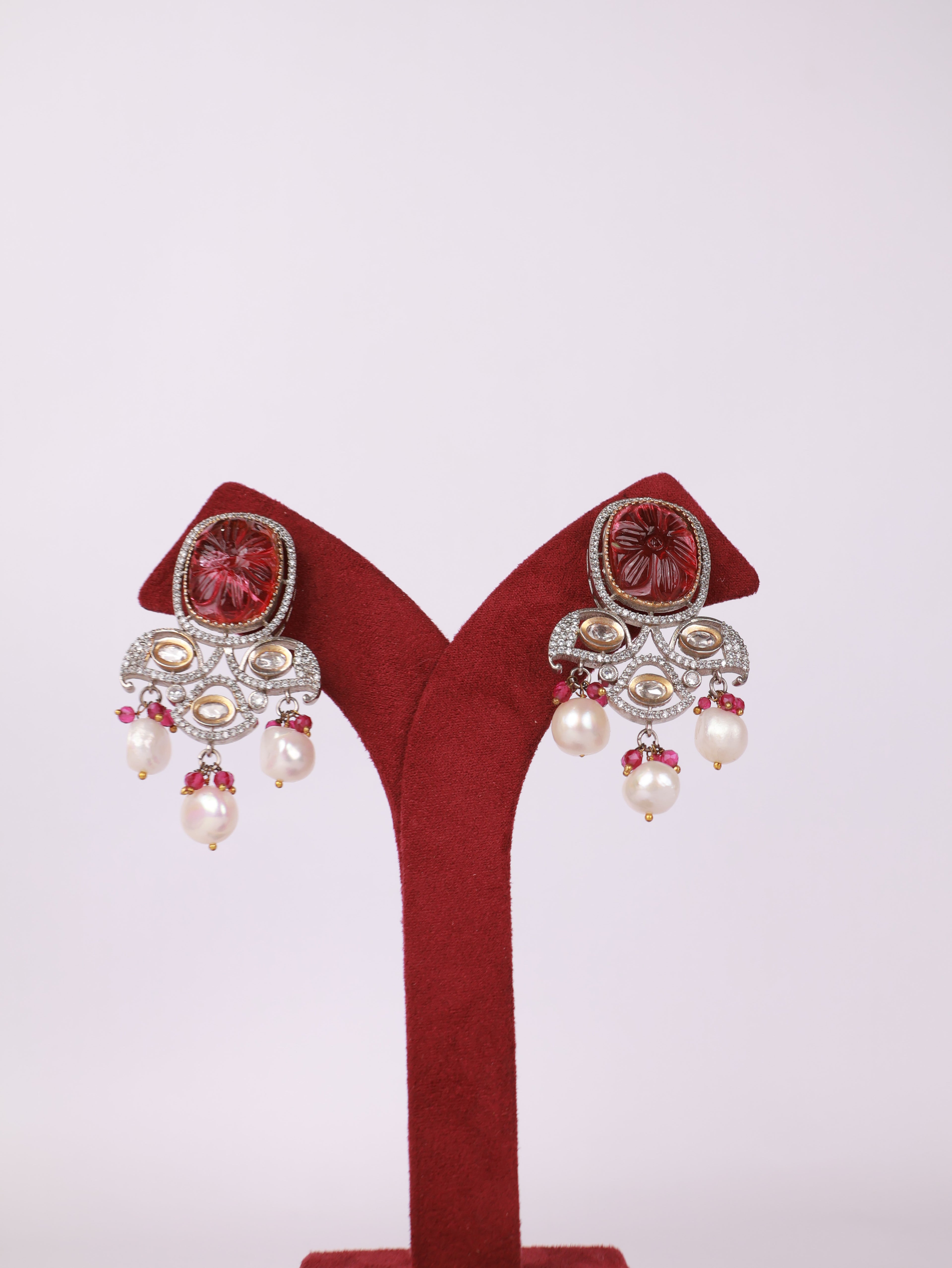 Carved Ruby & Diamond Baroque Pearl Chandelier Earrings