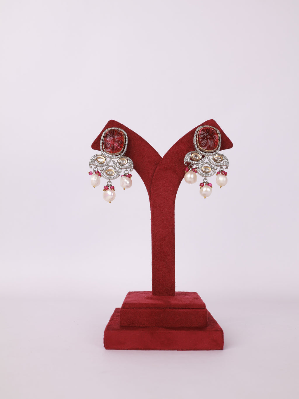 Carved Ruby & Diamond Baroque Pearl Chandelier Earrings