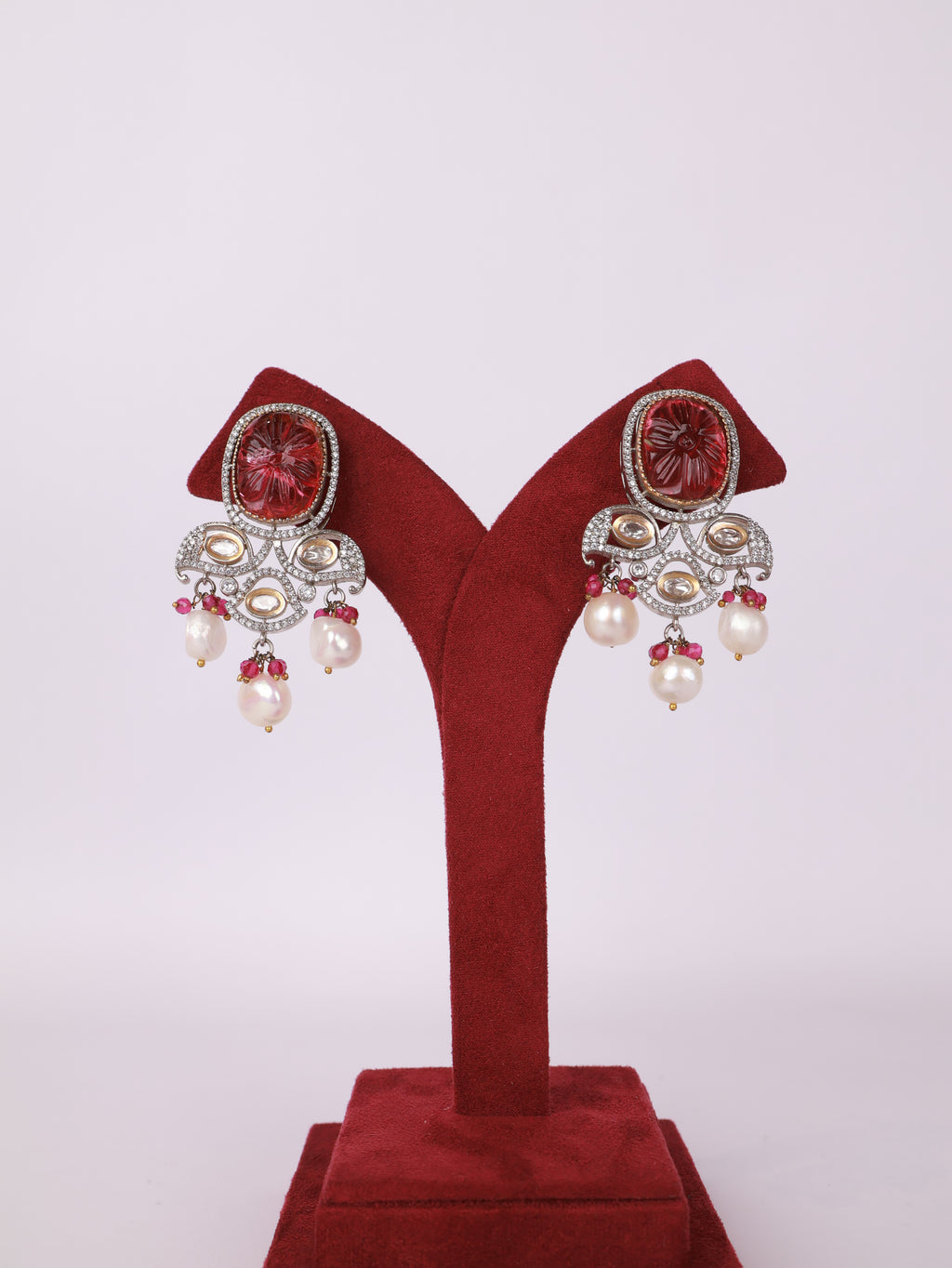 Carved Ruby & Diamond Baroque Pearl Chandelier Earrings