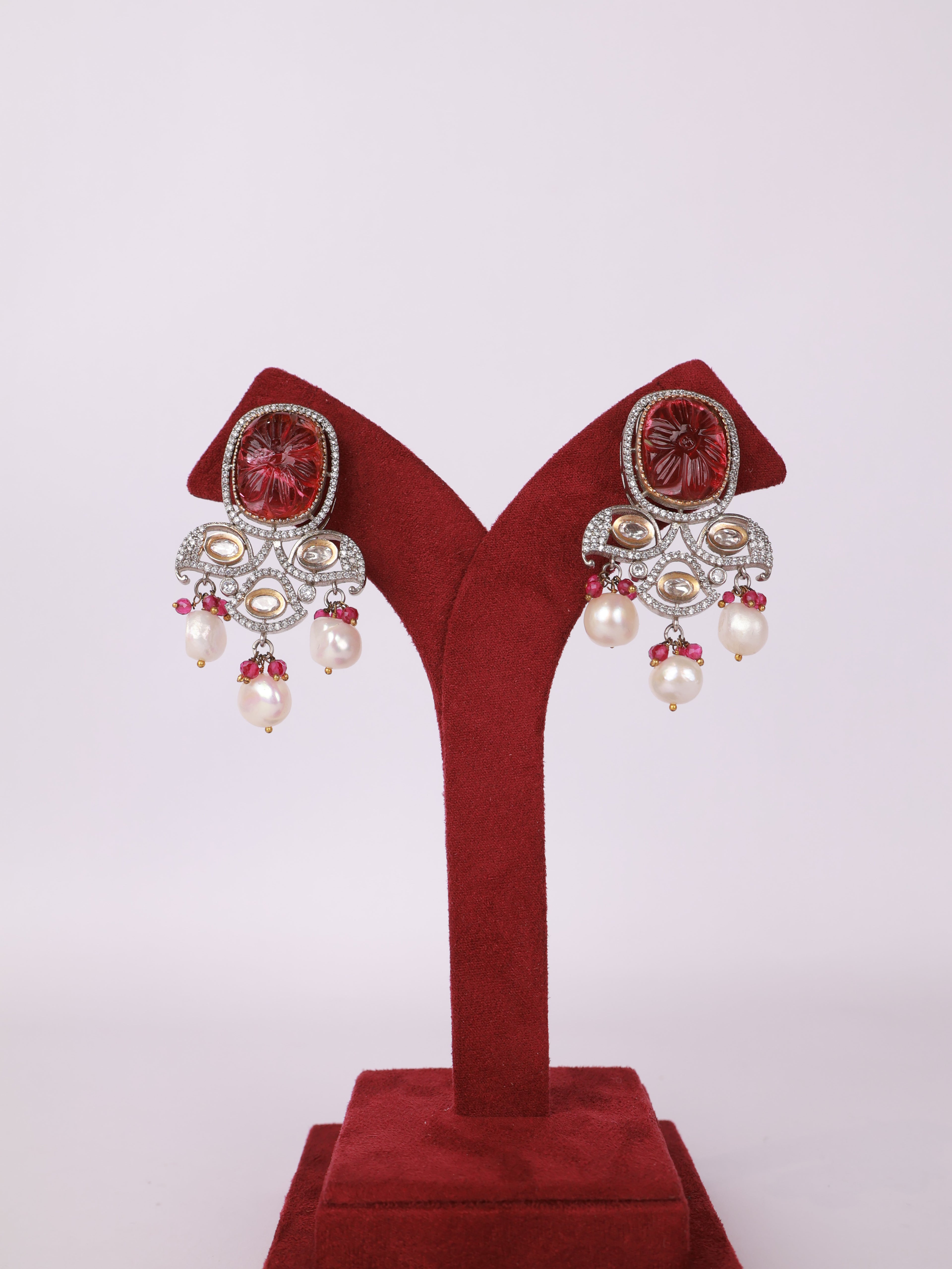 Carved Ruby & Diamond Baroque Pearl Chandelier Earrings