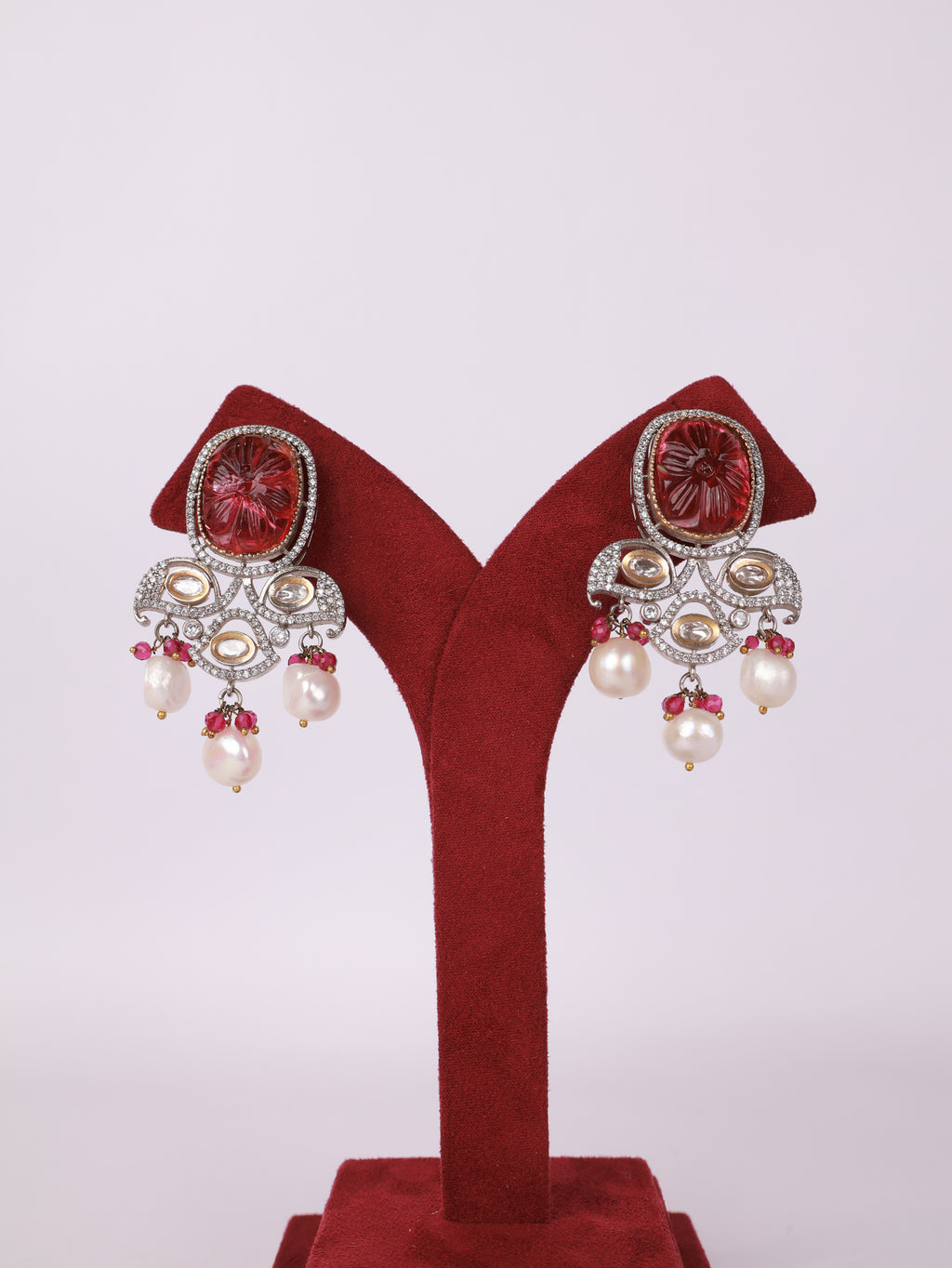 Carved Ruby & Diamond Baroque Pearl Chandelier Earrings