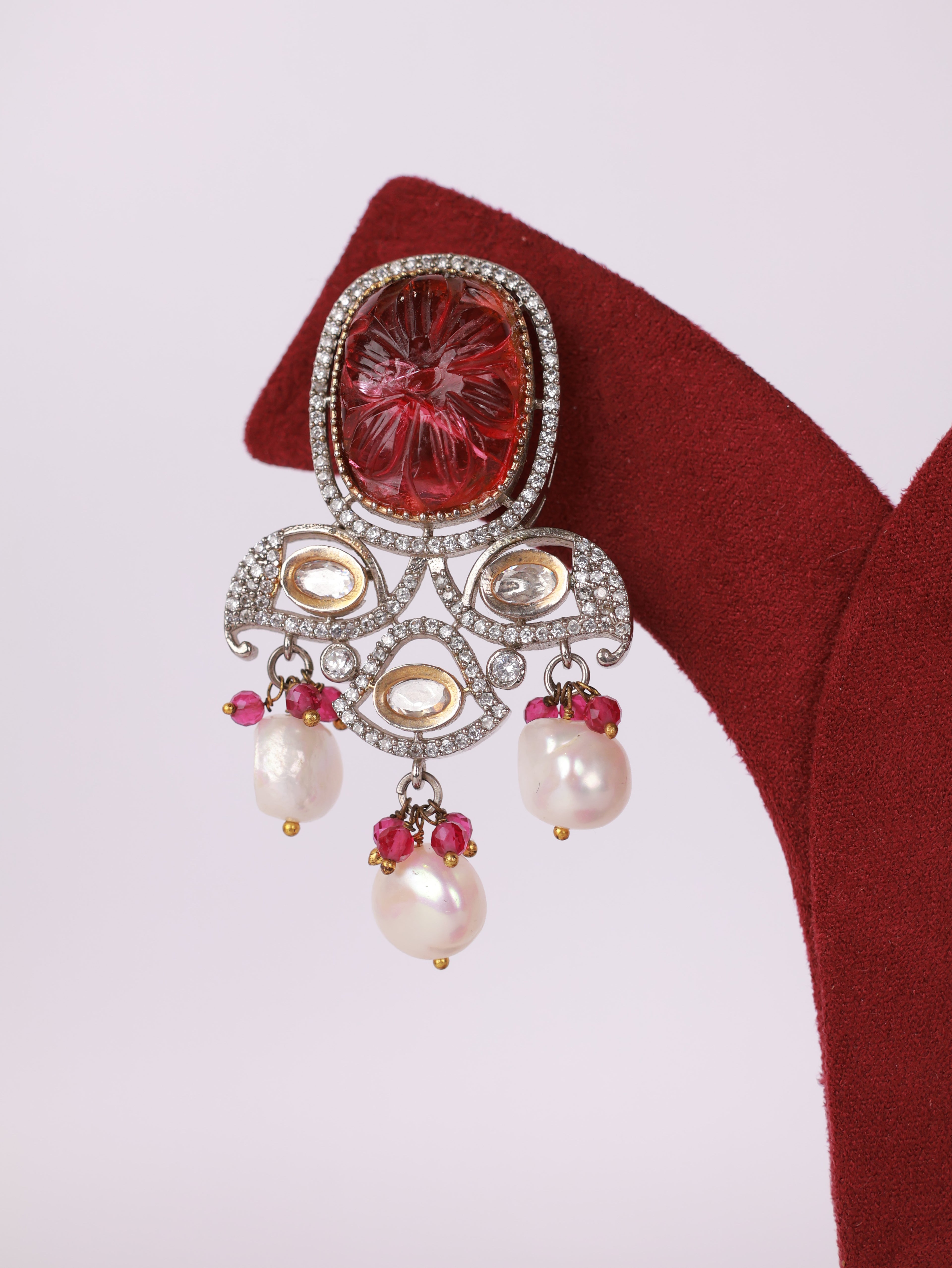 Carved Ruby & Diamond Baroque Pearl Chandelier Earrings