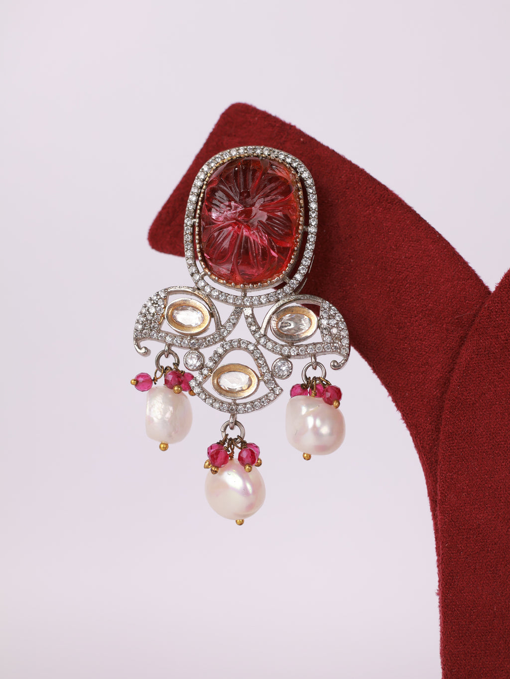 Carved Ruby & Diamond Baroque Pearl Chandelier Earrings