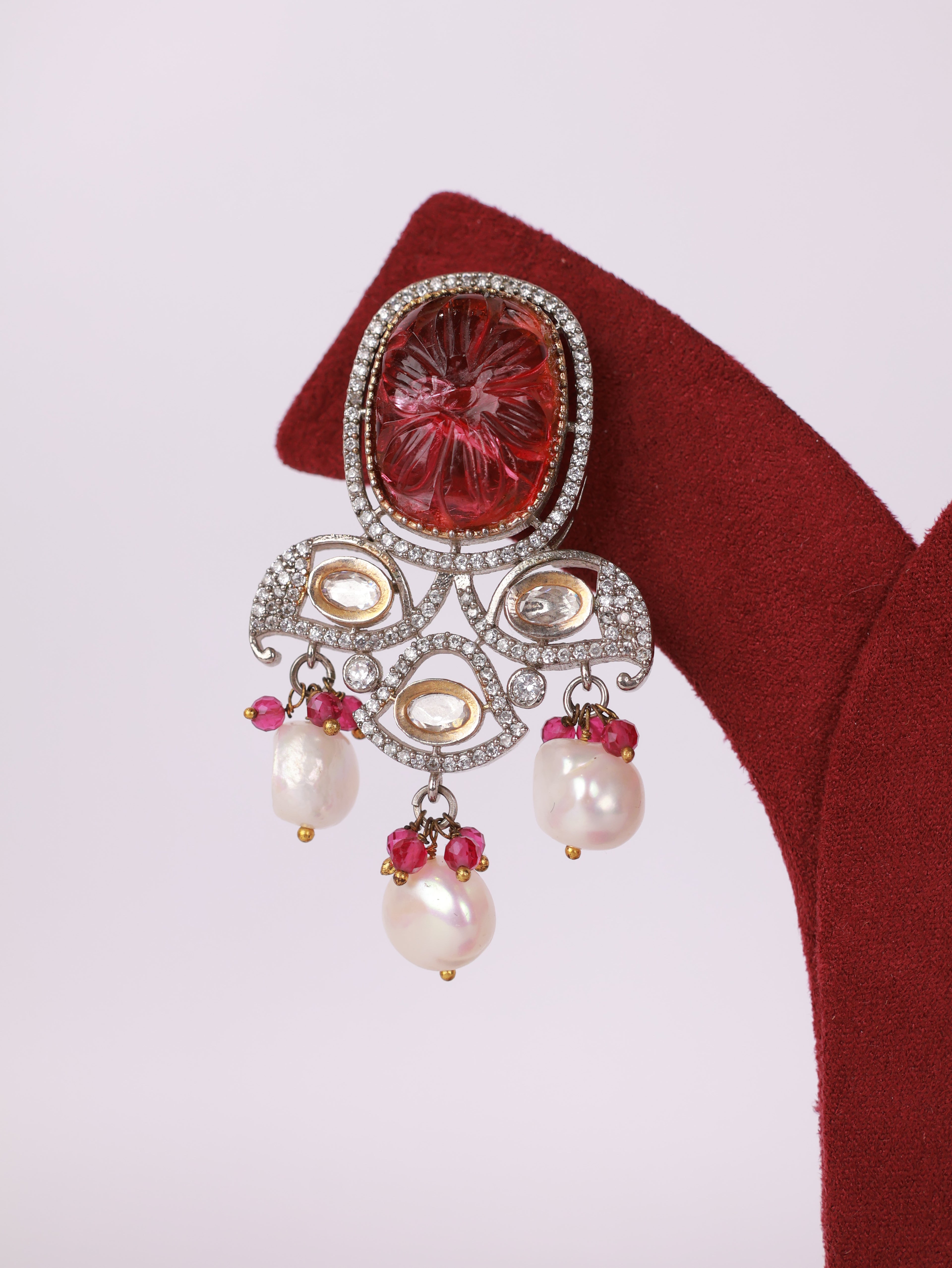 Carved Ruby & Diamond Baroque Pearl Chandelier Earrings