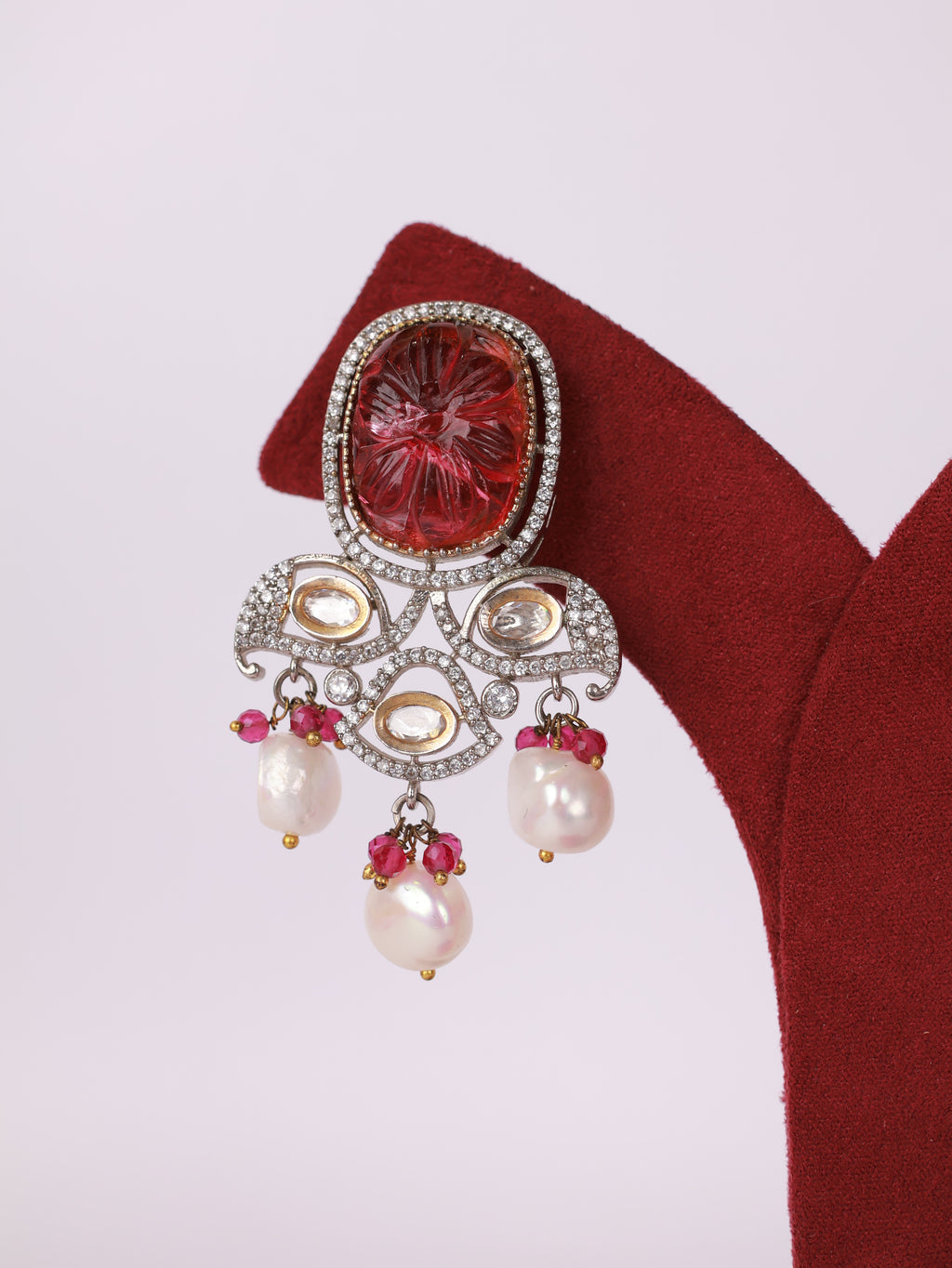 Carved Ruby & Diamond Baroque Pearl Chandelier Earrings