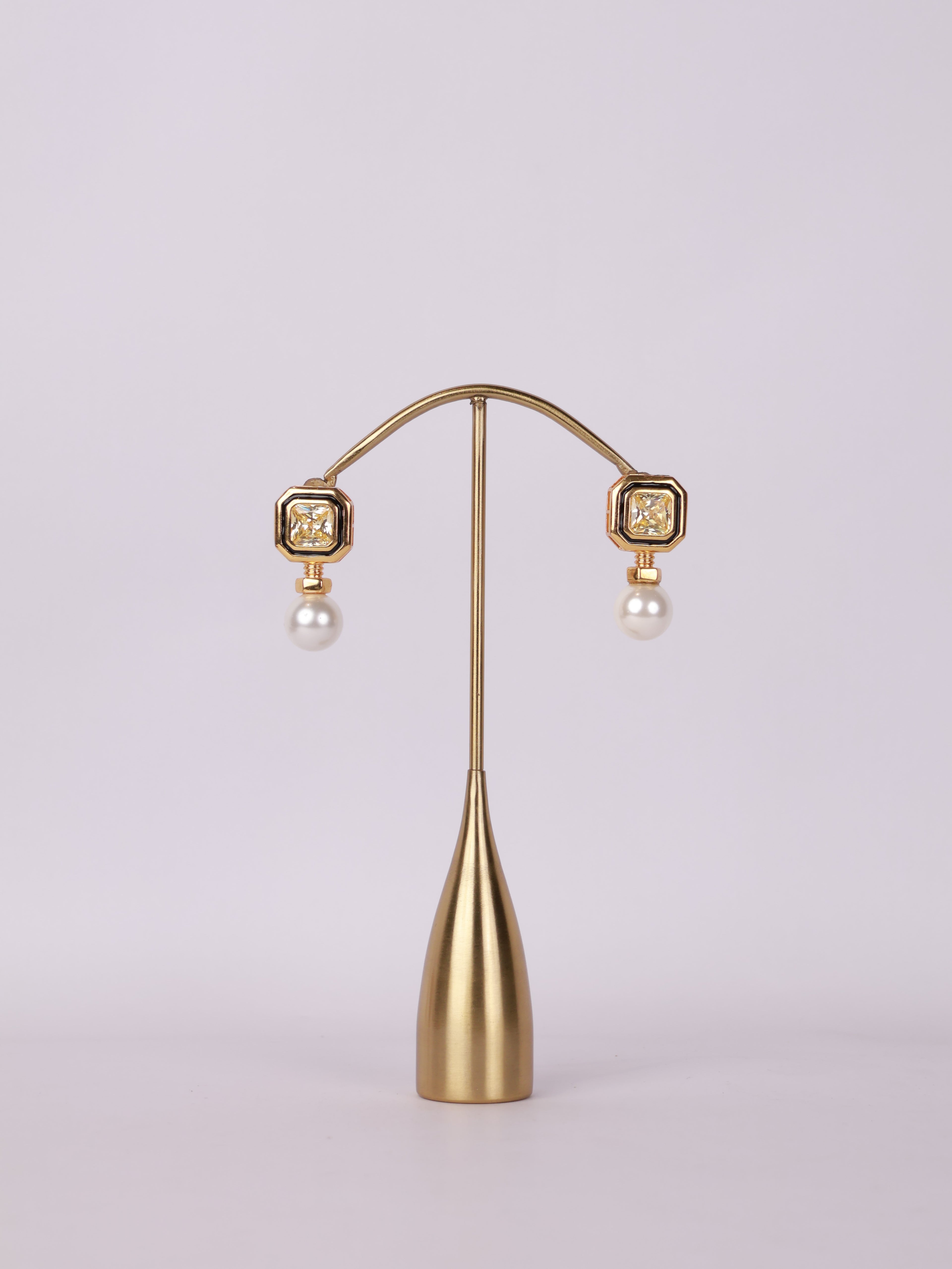 Geometric Enamel & Canary Solitaire Pearl Drop Earrings