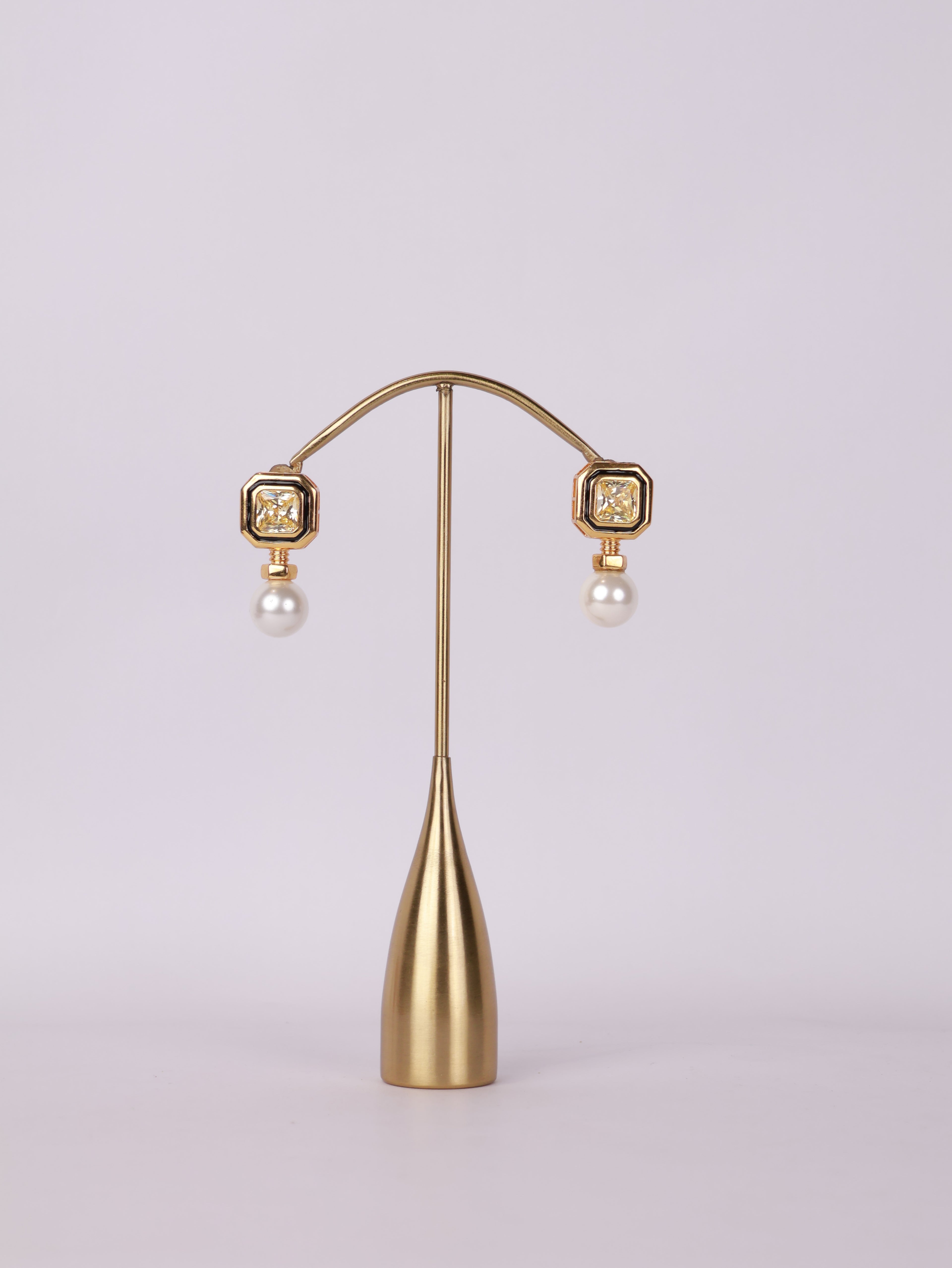 Geometric Enamel & Canary Solitaire Pearl Drop Earrings