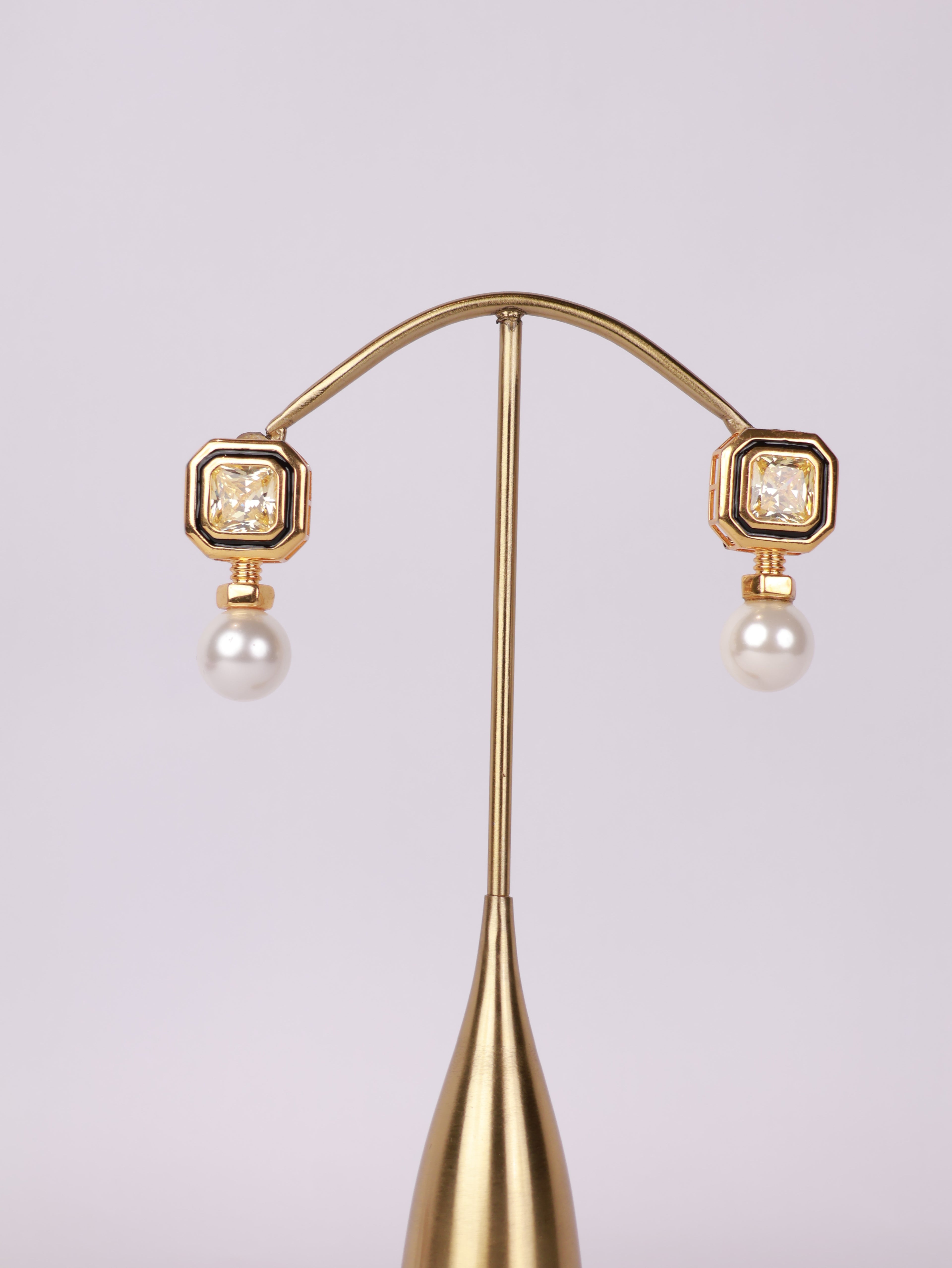 Geometric Enamel & Canary Solitaire Pearl Drop Earrings