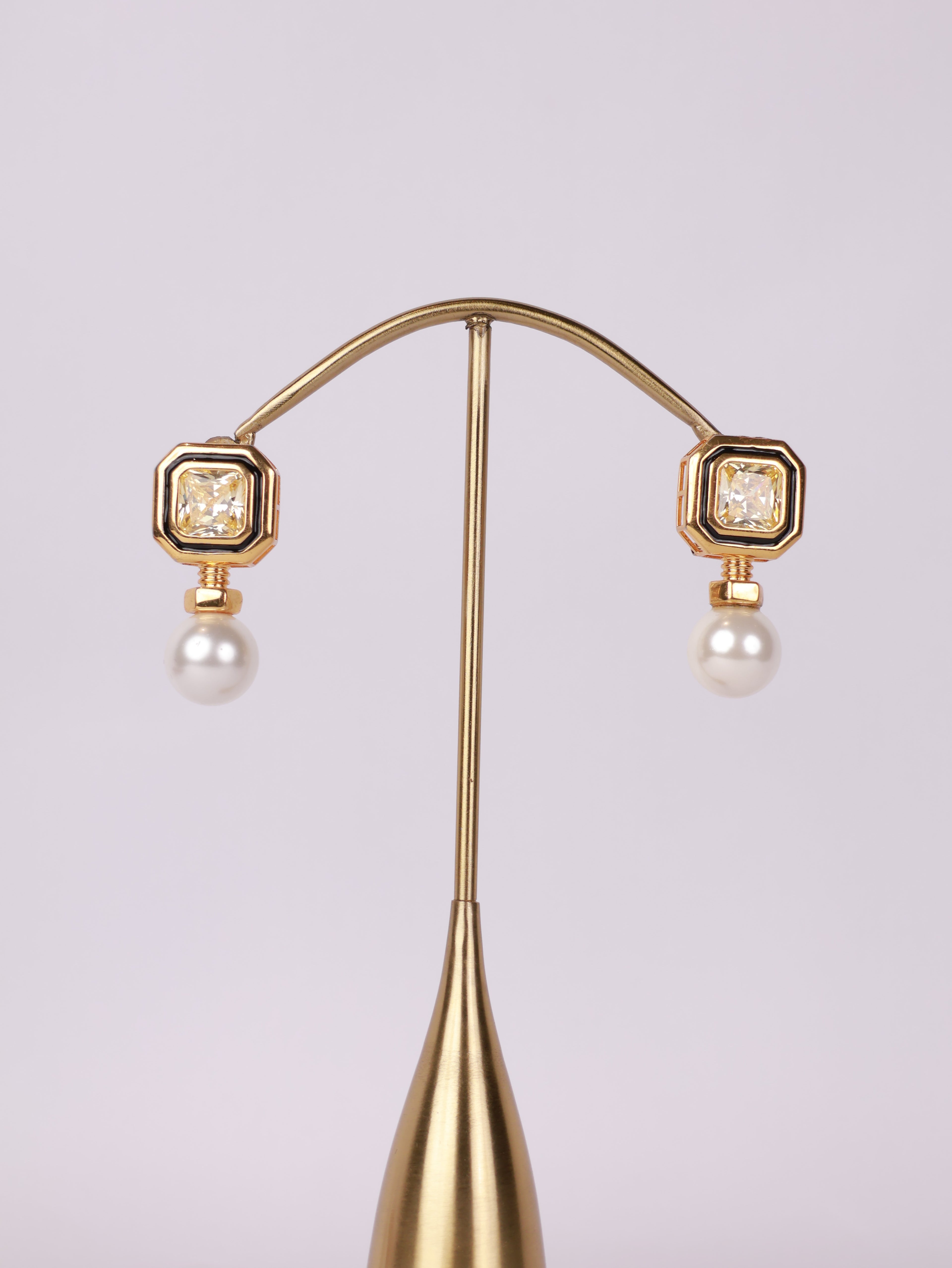Geometric Enamel & Canary Solitaire Pearl Drop Earrings