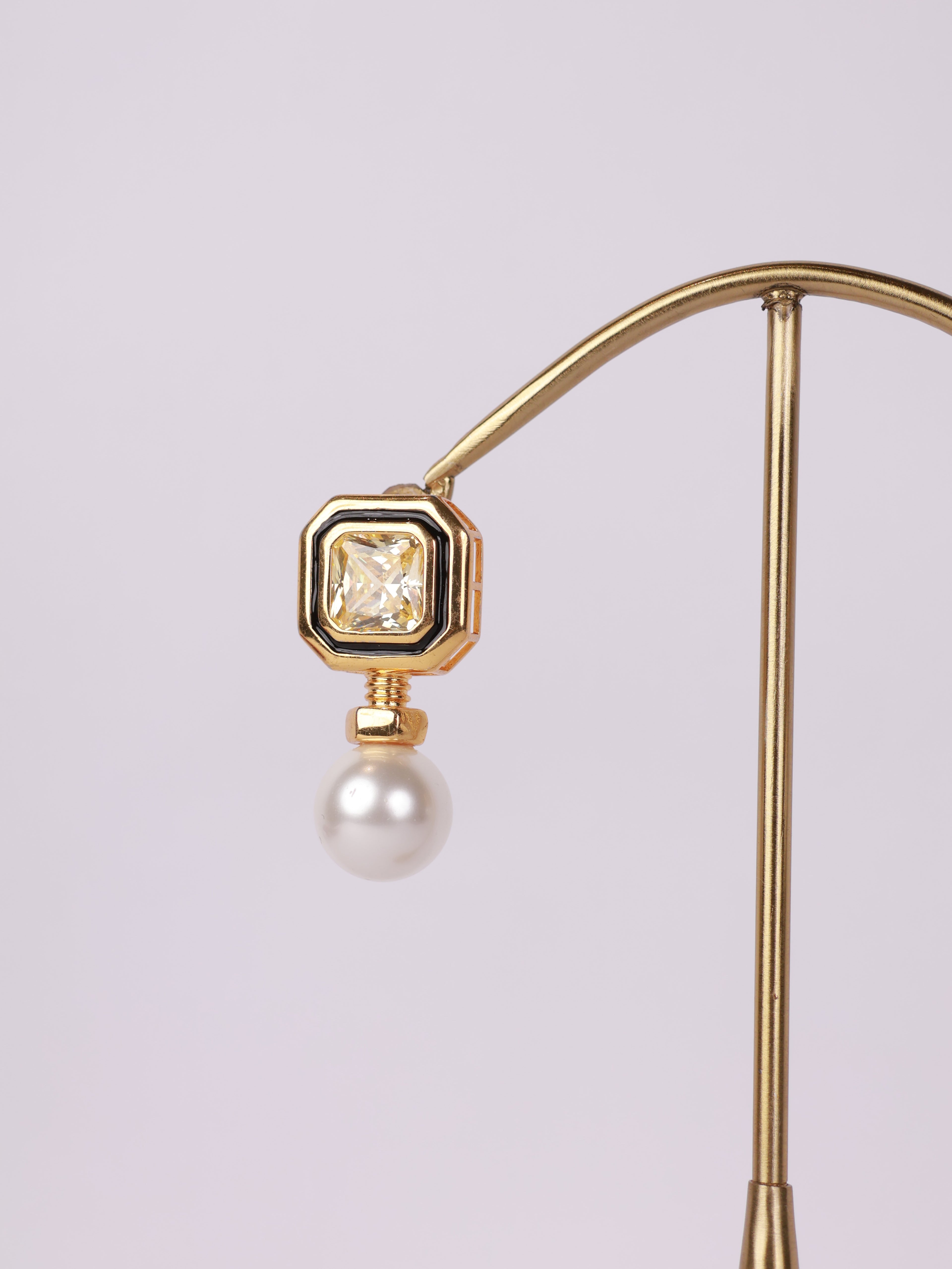 Geometric Enamel & Canary Solitaire Pearl Drop Earrings