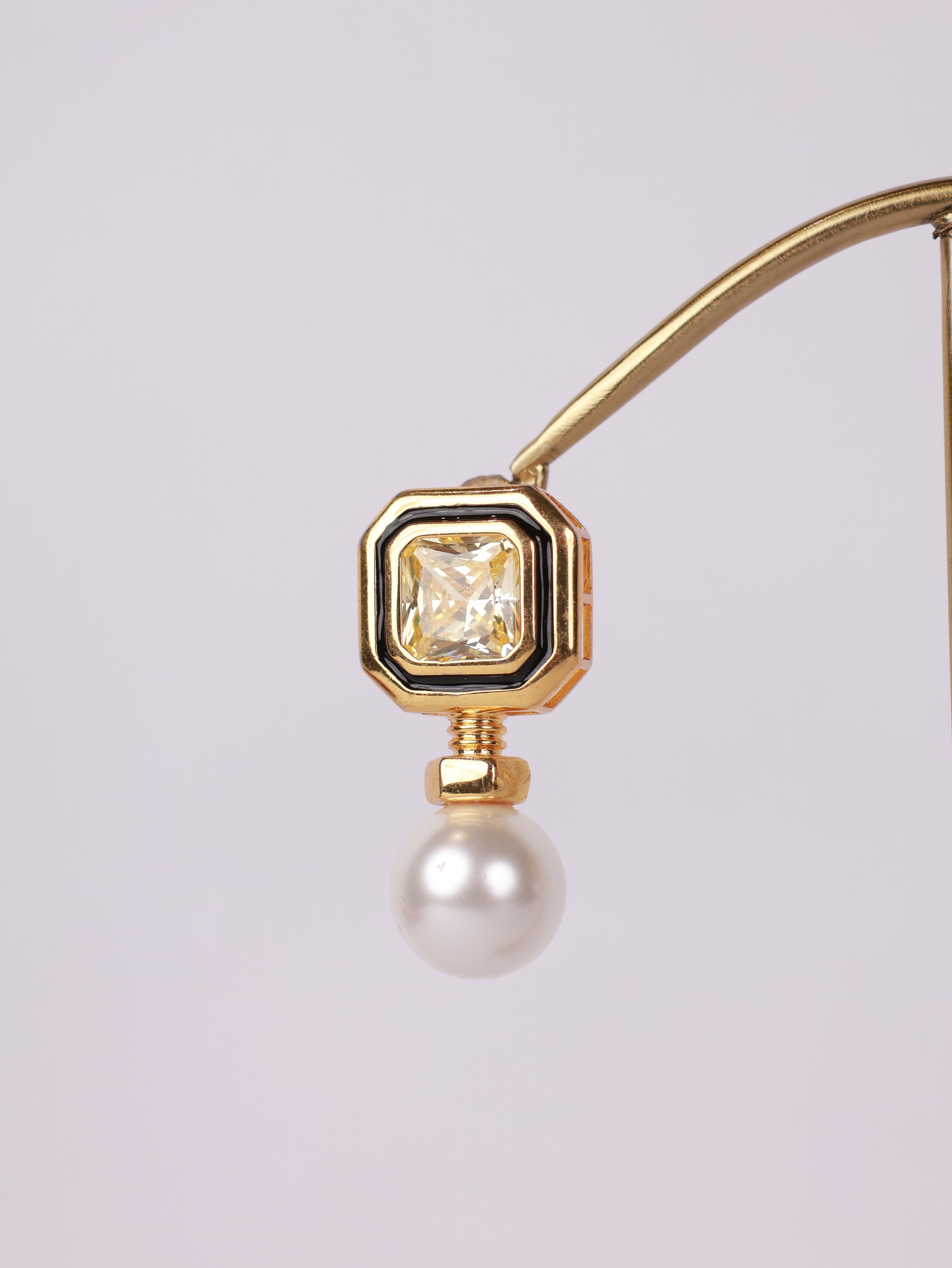 Geometric Enamel & Canary Solitaire Pearl Drop Earrings