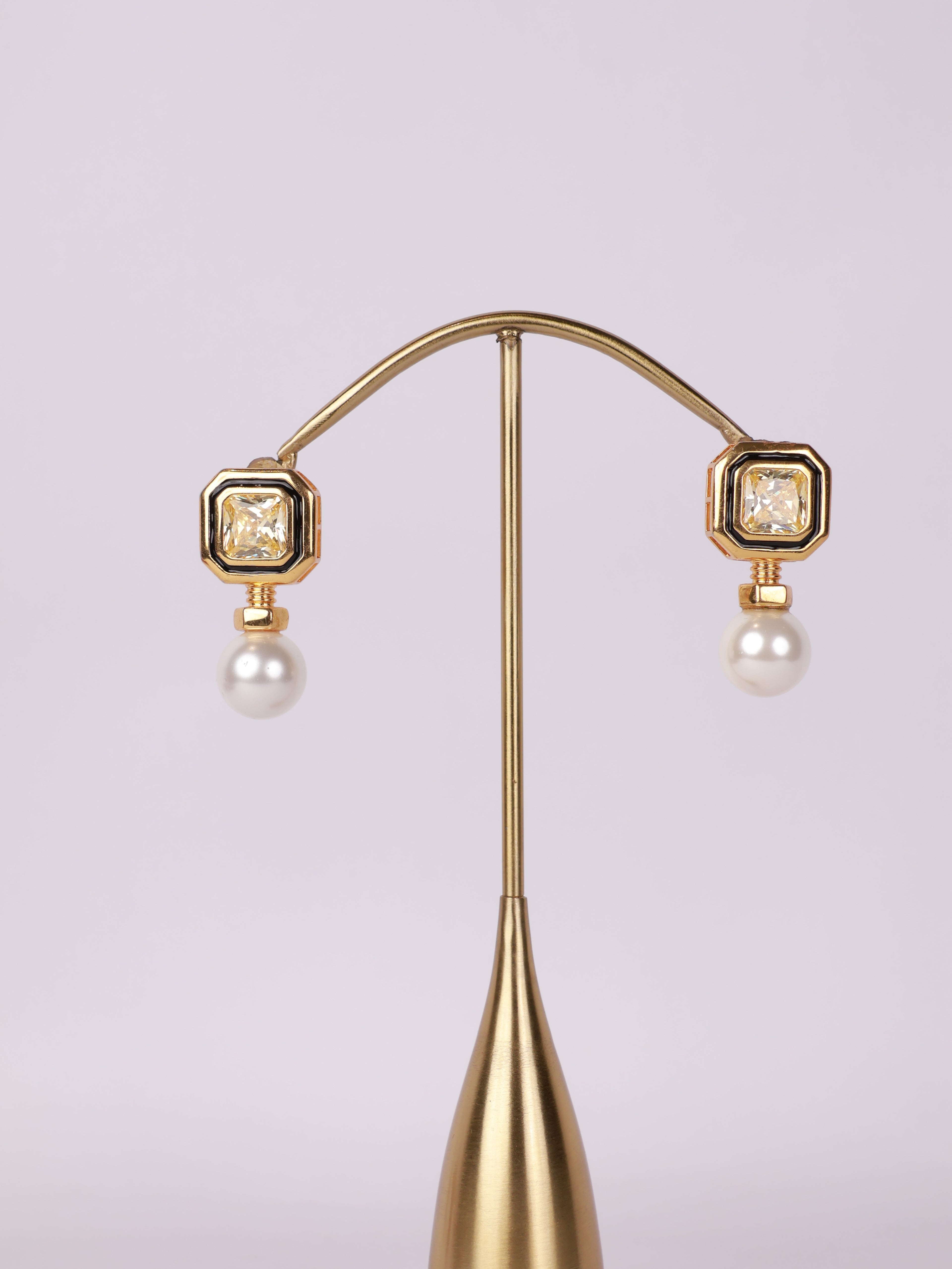 Geometric Enamel & Canary Solitaire Pearl Drop Earrings