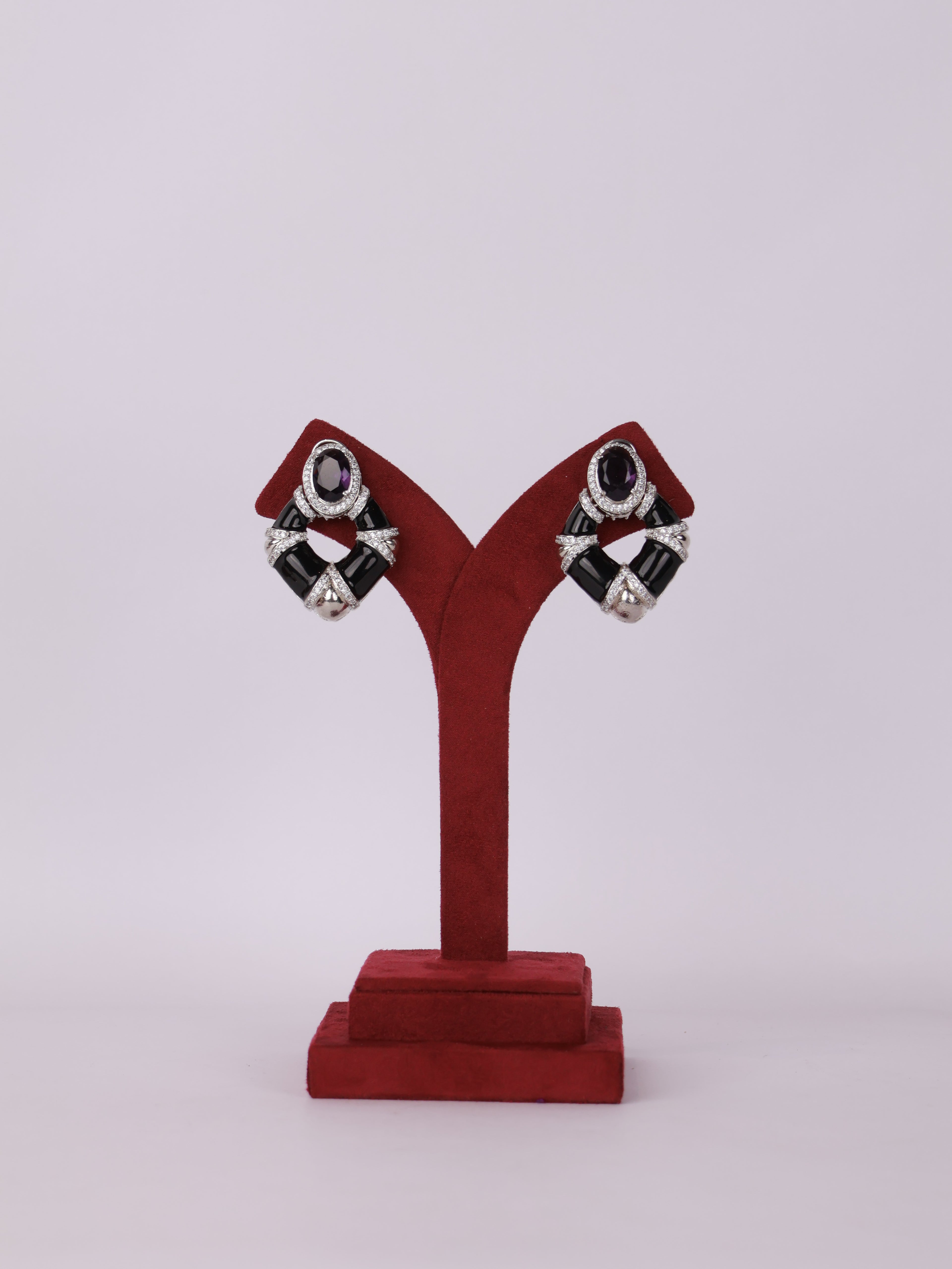 Art Deco Black Enamel & Amethyst Drop Earrings