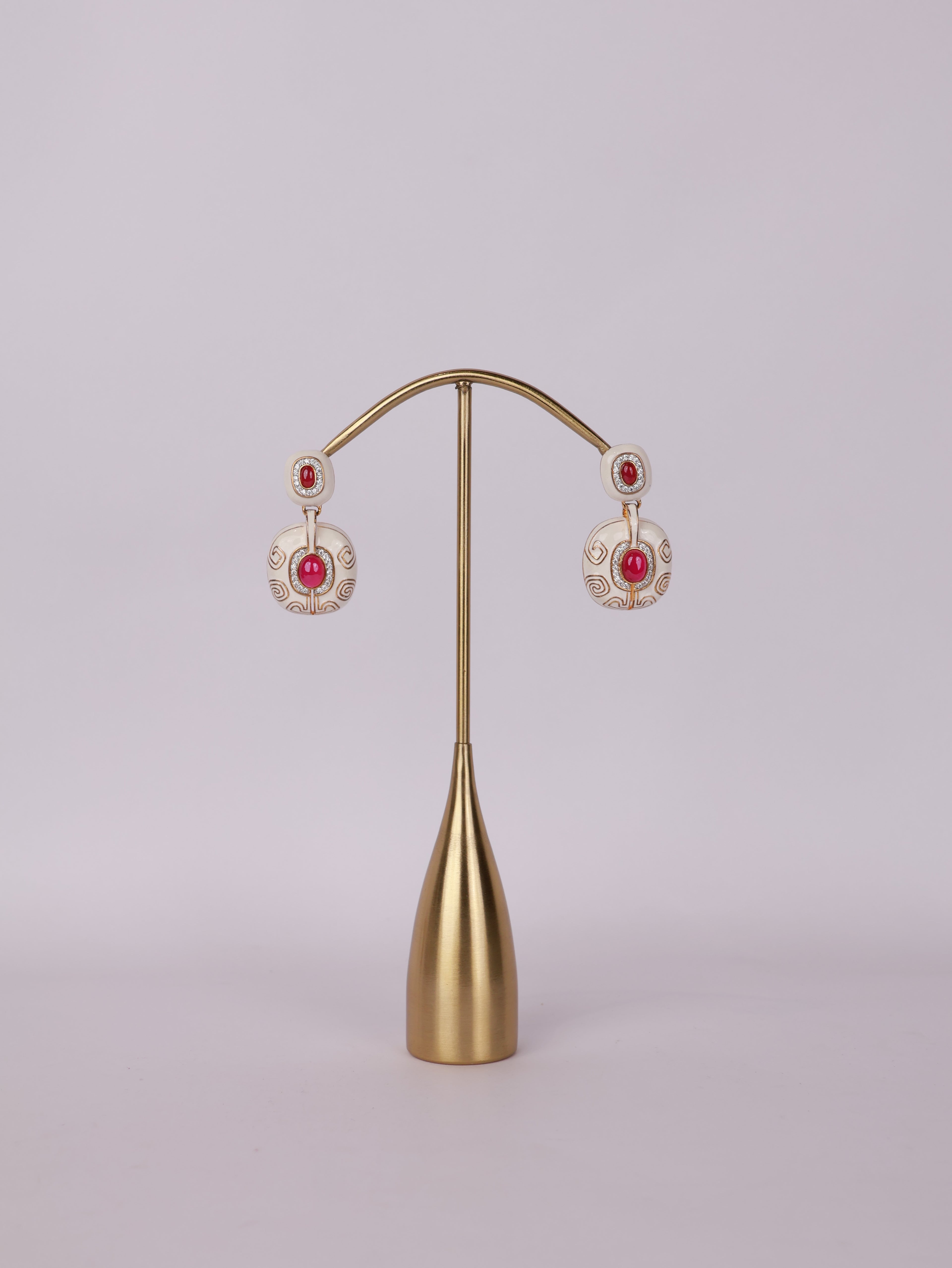 Royal Ivory & Ruby Cabochon Enamel Drop Earrings