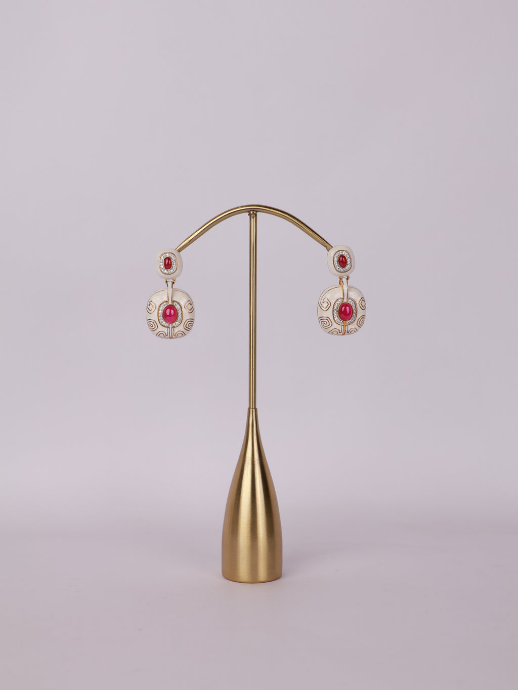 Royal Ivory & Ruby Cabochon Enamel Drop Earrings