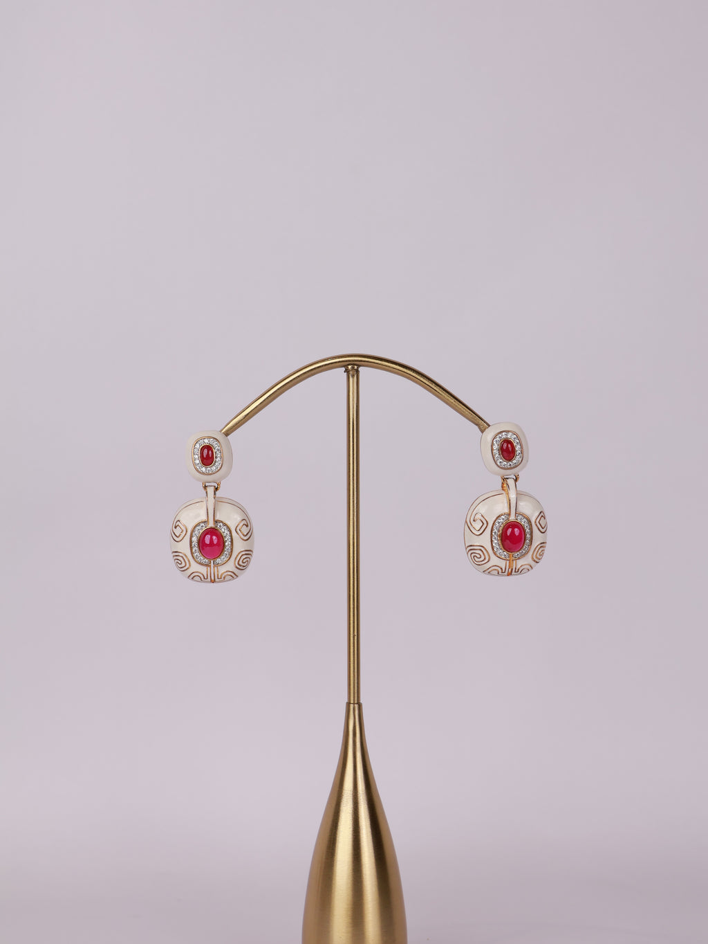 Royal Ivory & Ruby Cabochon Enamel Drop Earrings