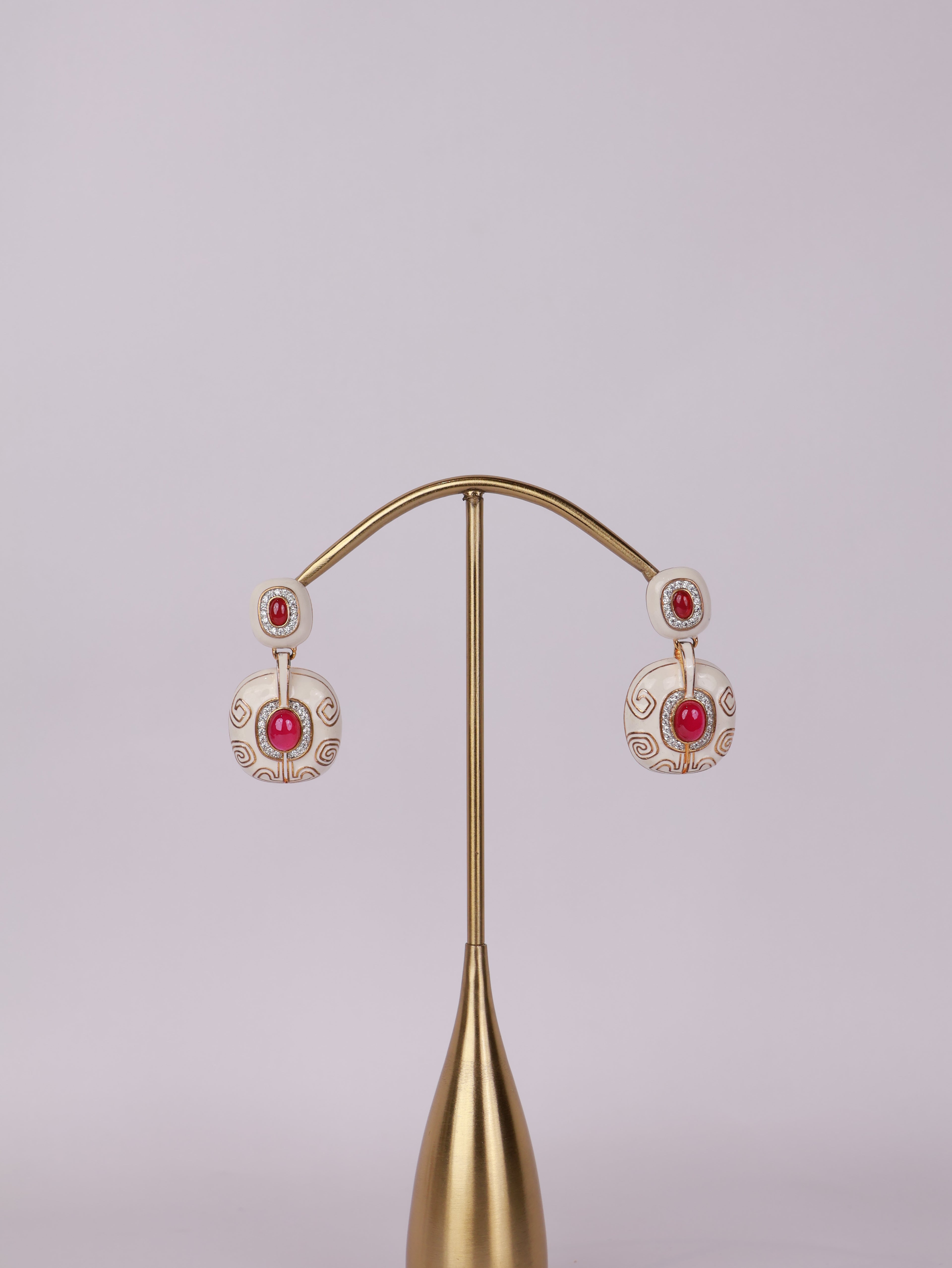 Royal Ivory & Ruby Cabochon Enamel Drop Earrings