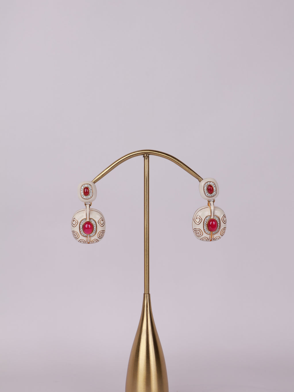 Royal Ivory & Ruby Cabochon Enamel Drop Earrings