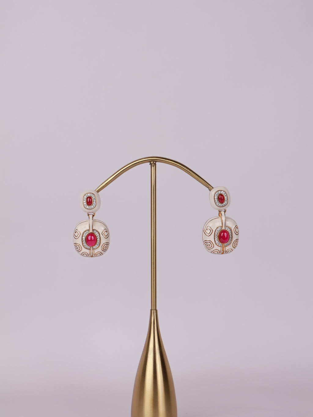 Royal Ivory & Ruby Cabochon Enamel Drop Earrings