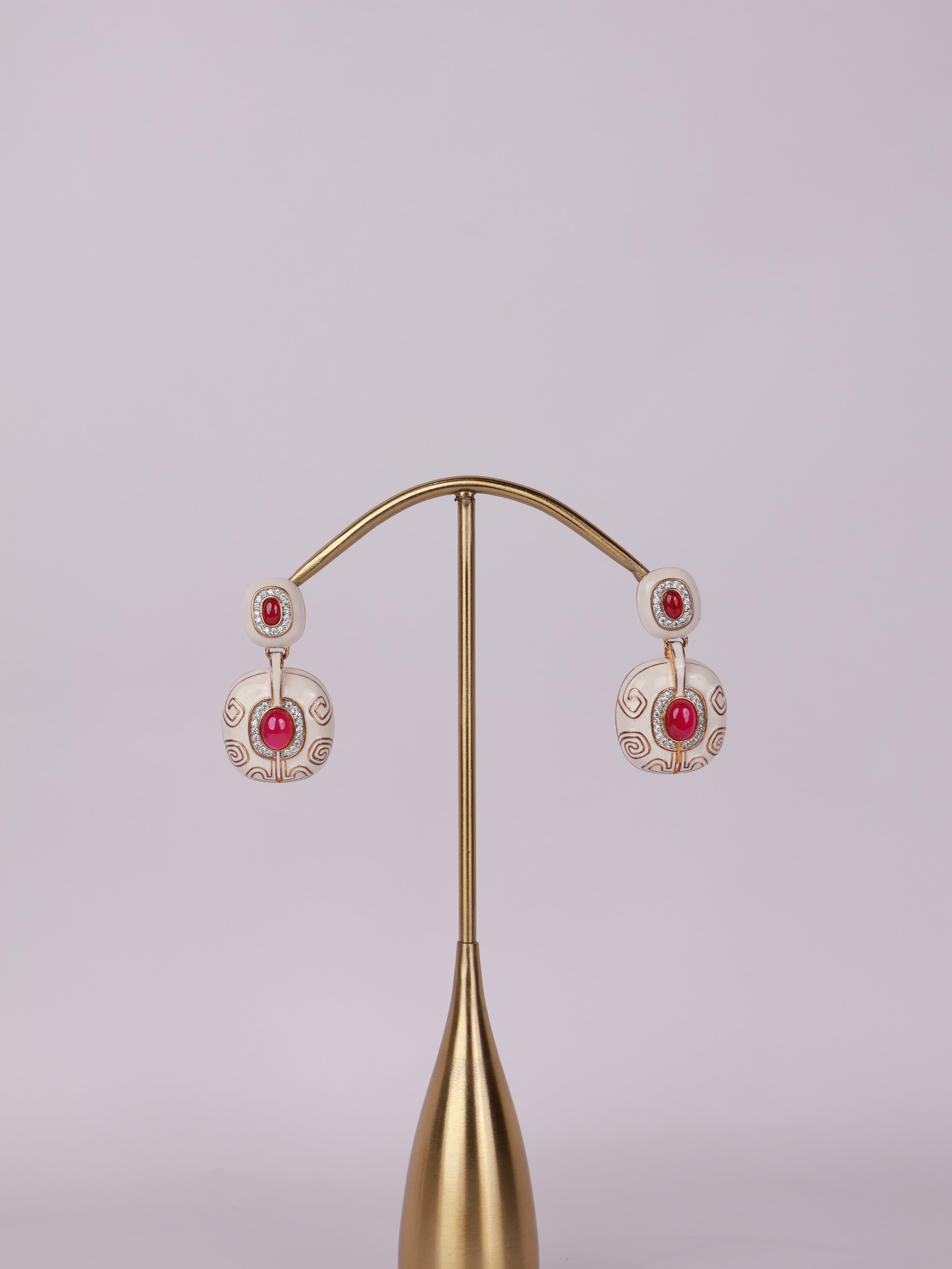 Royal Ivory & Ruby Cabochon Enamel Drop Earrings