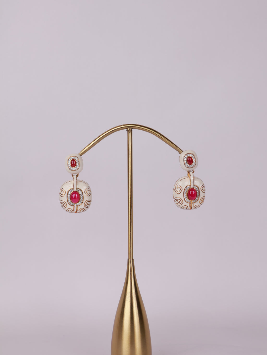 Royal Ivory & Ruby Cabochon Enamel Drop Earrings