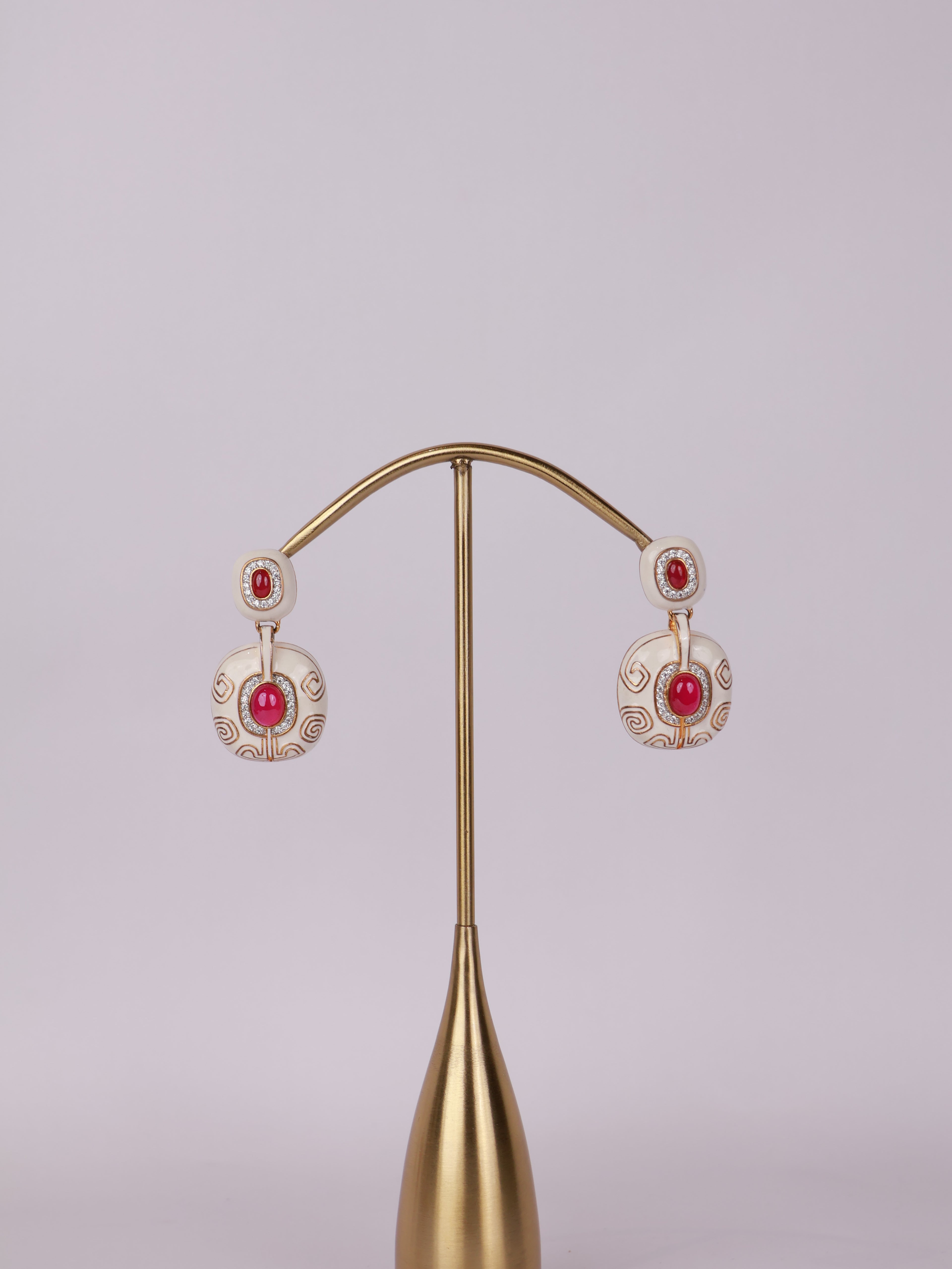 Royal Ivory & Ruby Cabochon Enamel Drop Earrings