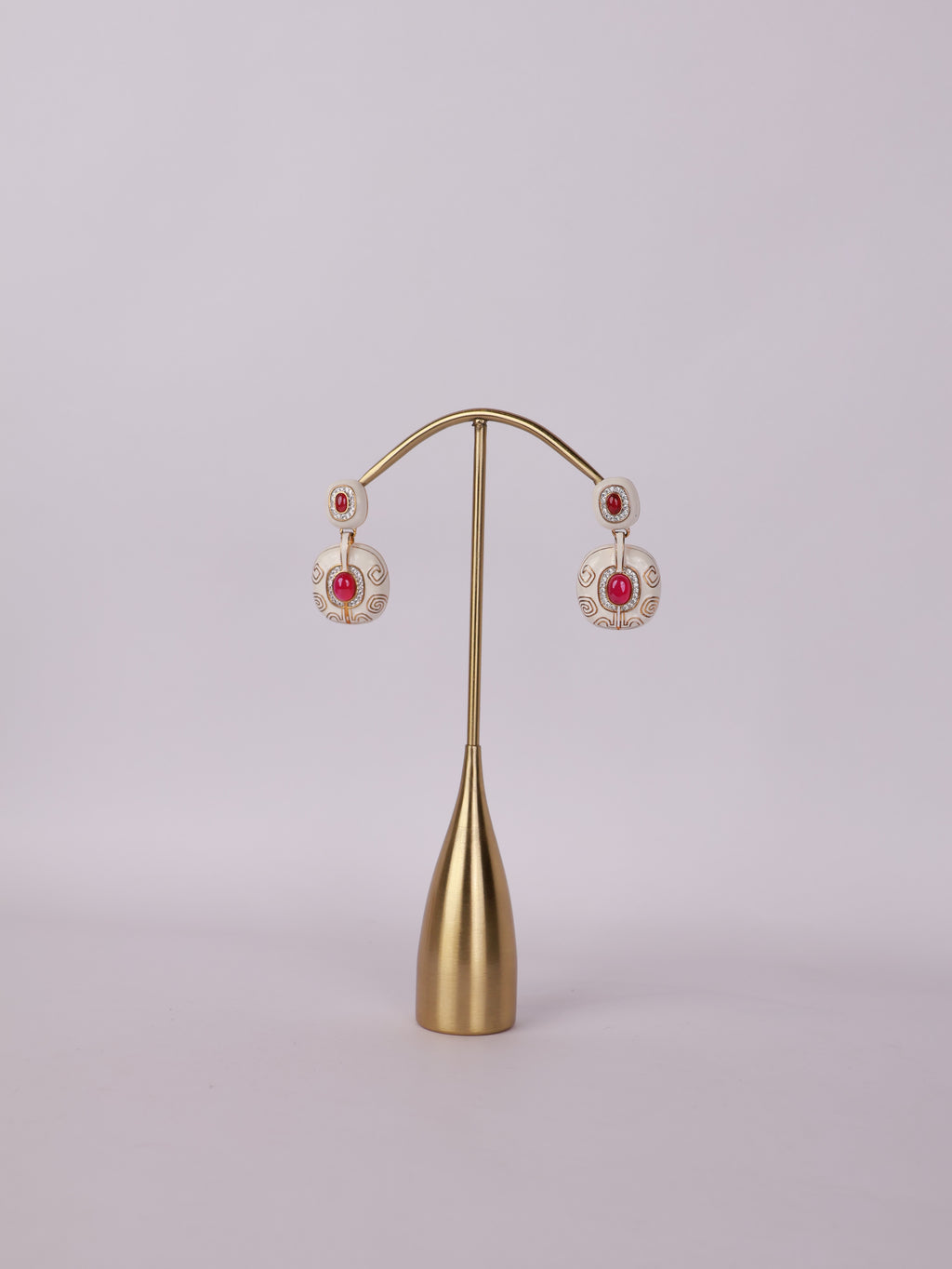 Royal Ivory & Ruby Cabochon Enamel Drop Earrings