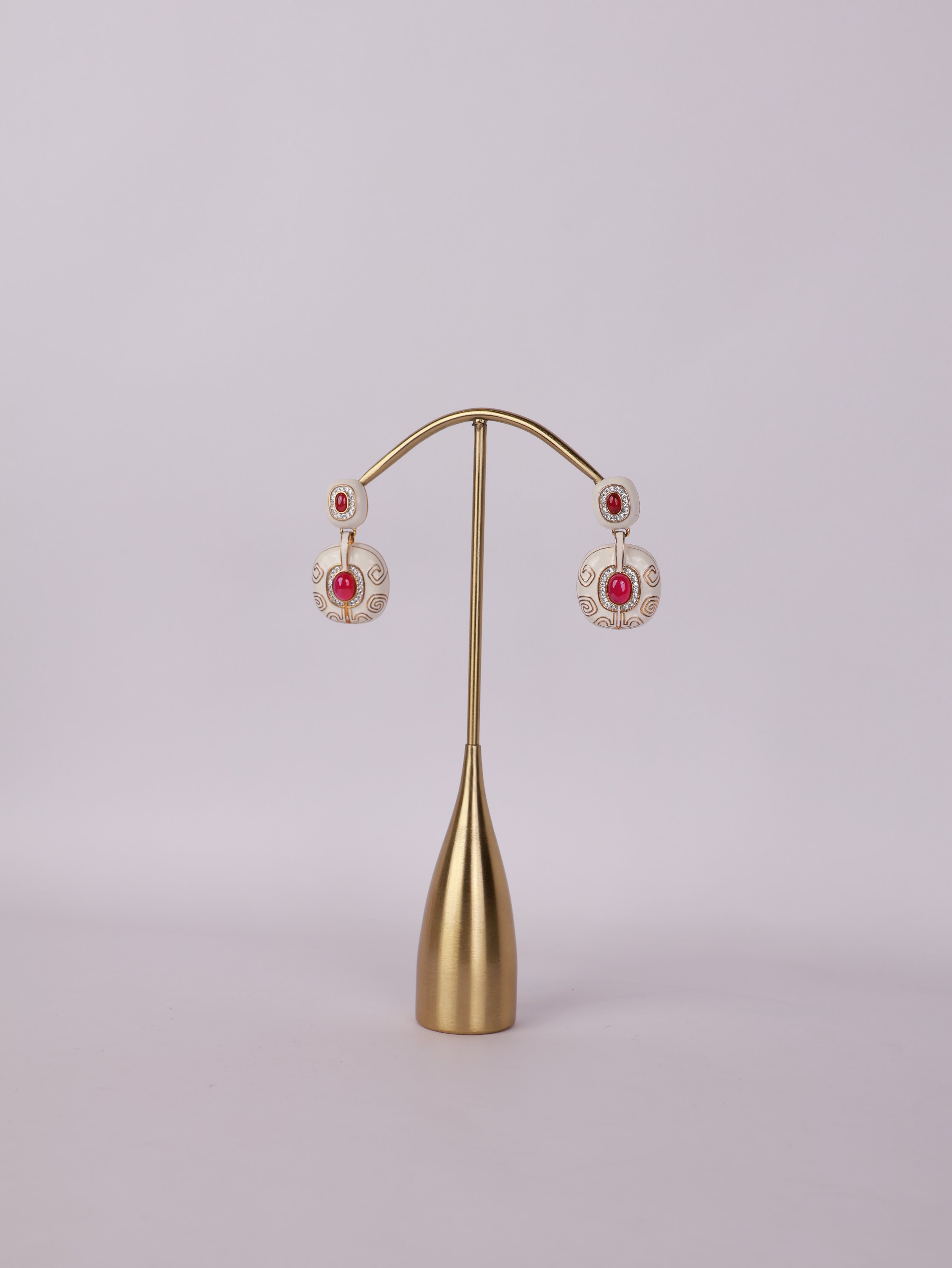 Royal Ivory & Ruby Cabochon Enamel Drop Earrings