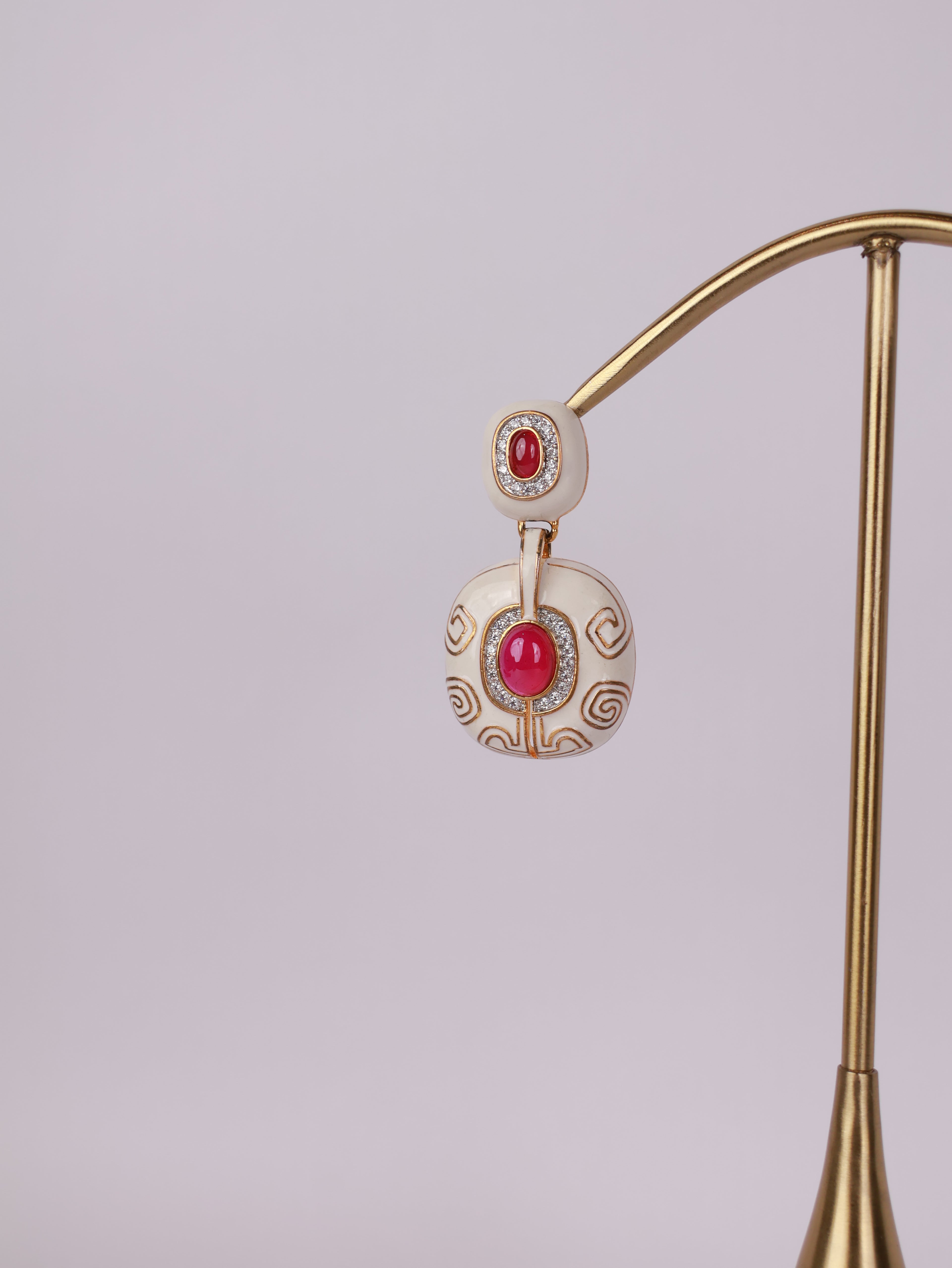 Royal Ivory & Ruby Cabochon Enamel Drop Earrings
