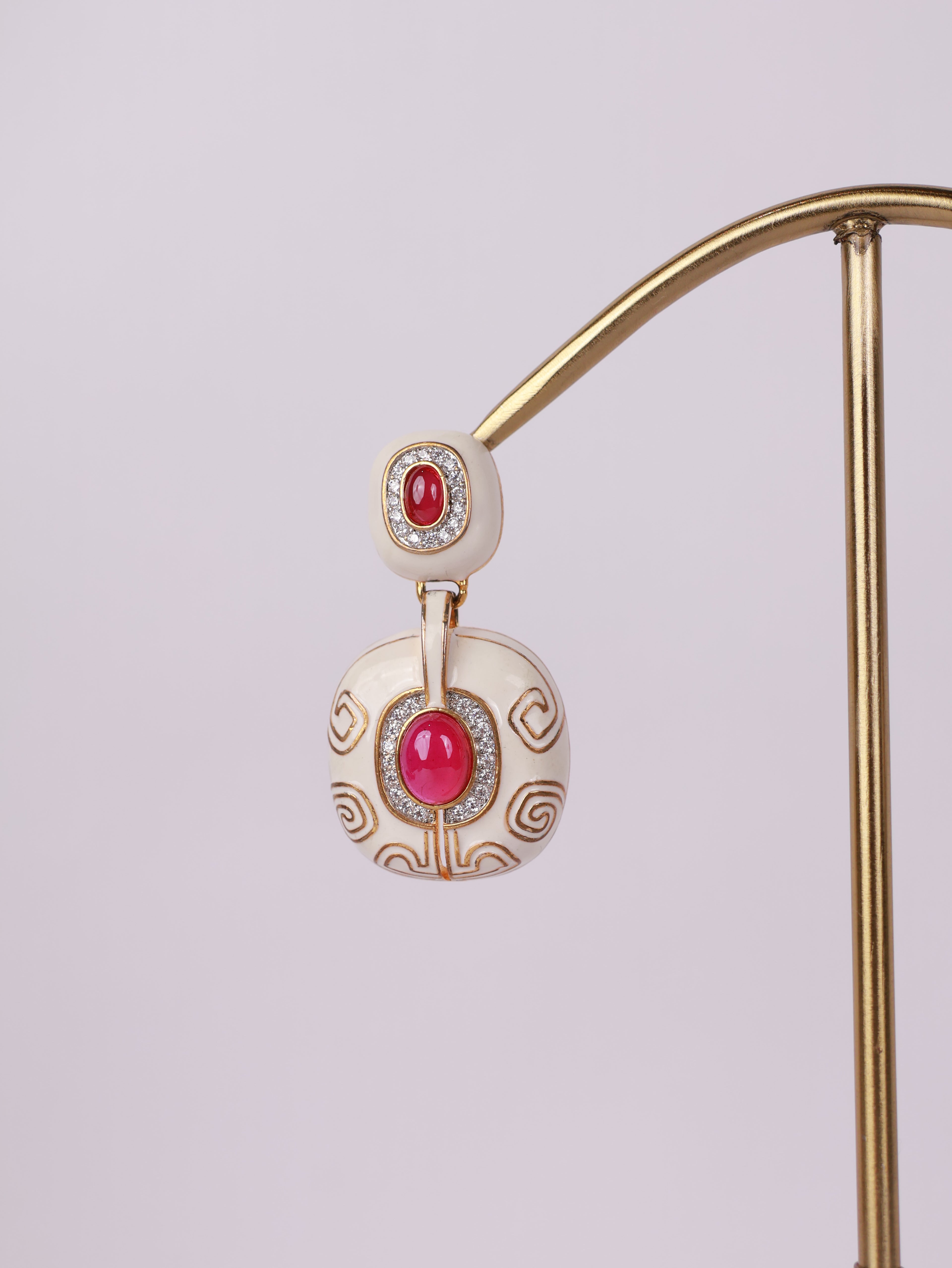 Royal Ivory & Ruby Cabochon Enamel Drop Earrings