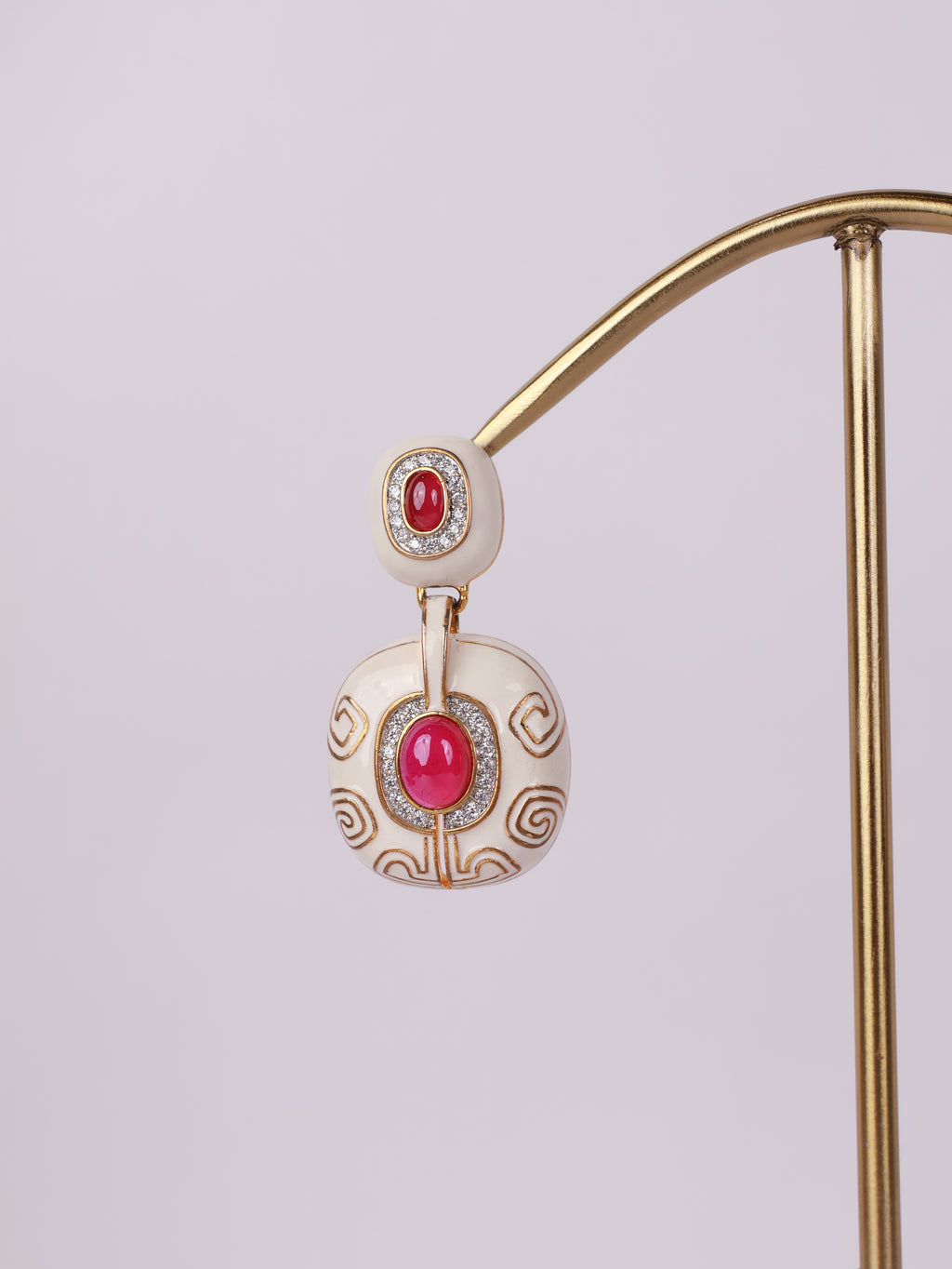 Royal Ivory & Ruby Cabochon Enamel Drop Earrings