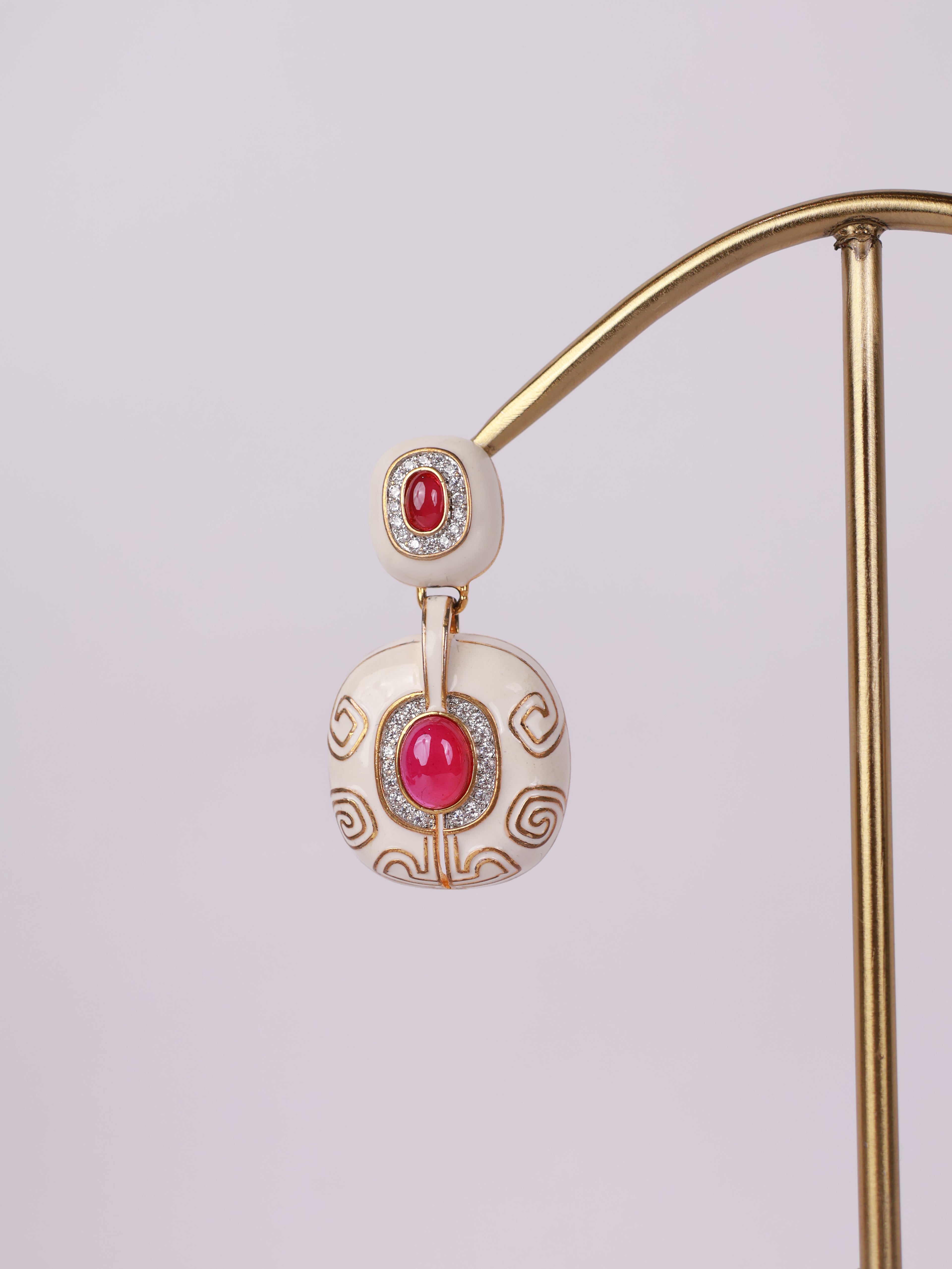 Royal Ivory & Ruby Cabochon Enamel Drop Earrings