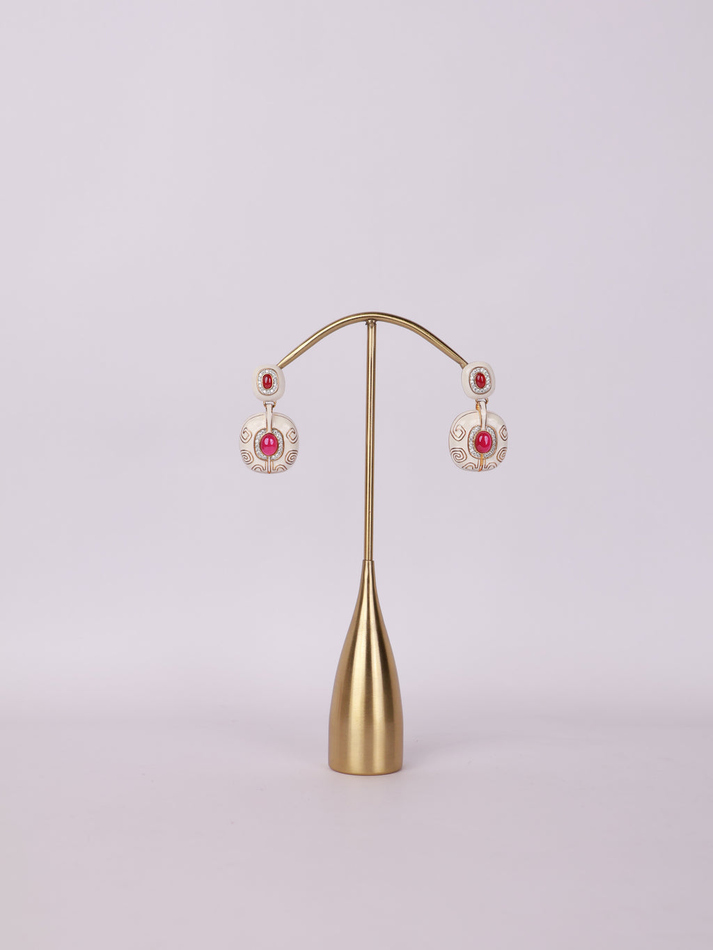 Royal Ivory & Ruby Cabochon Enamel Drop Earrings