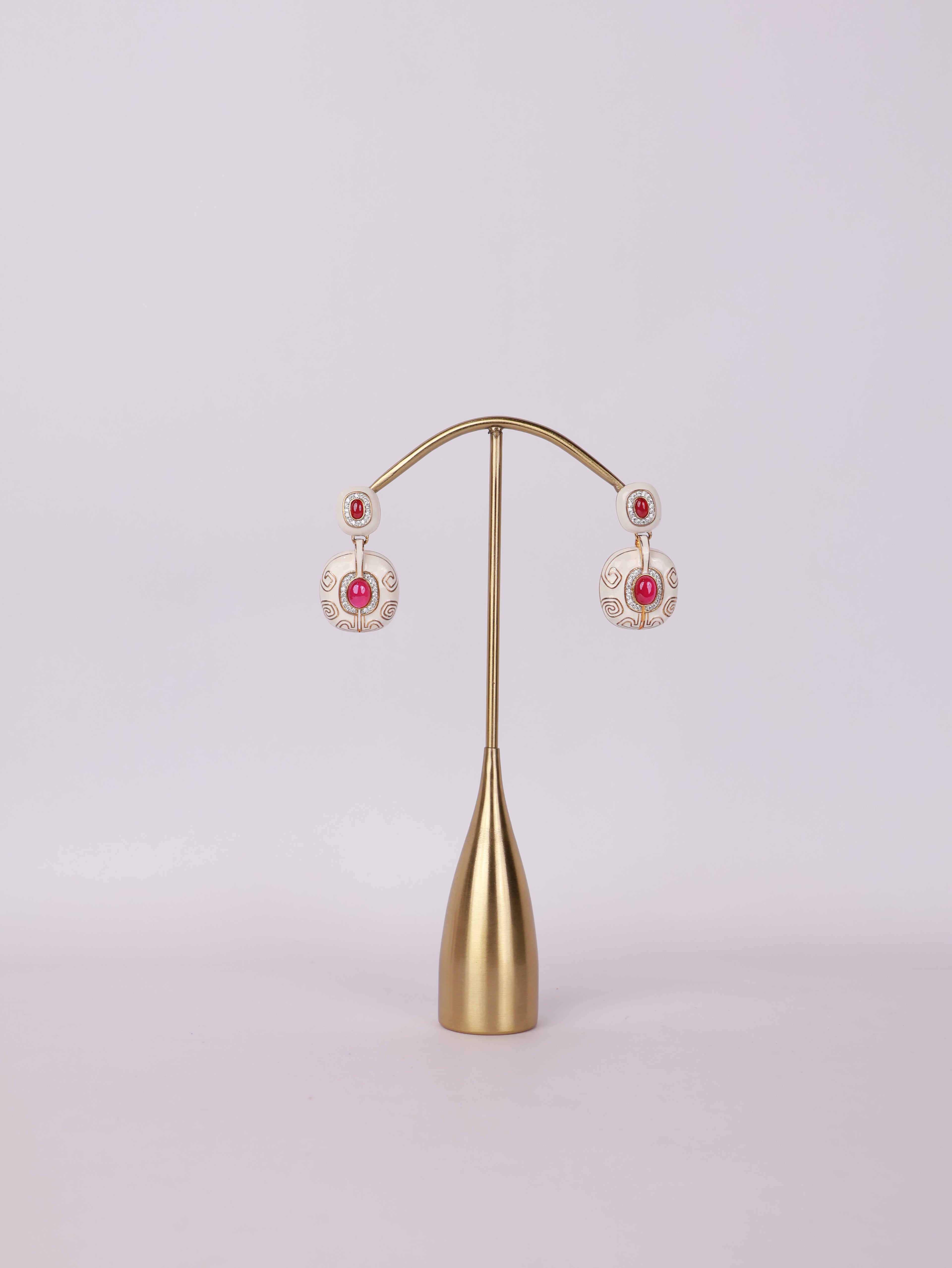 Royal Ivory & Ruby Cabochon Enamel Drop Earrings