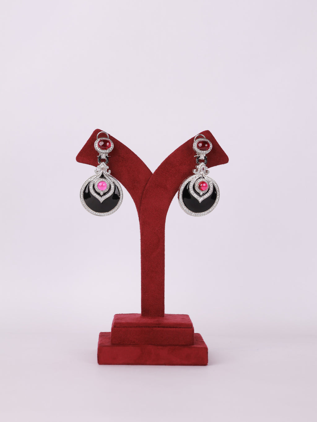 Royal Ruby Cabochon & Black Enamel Circular Drop Earrings