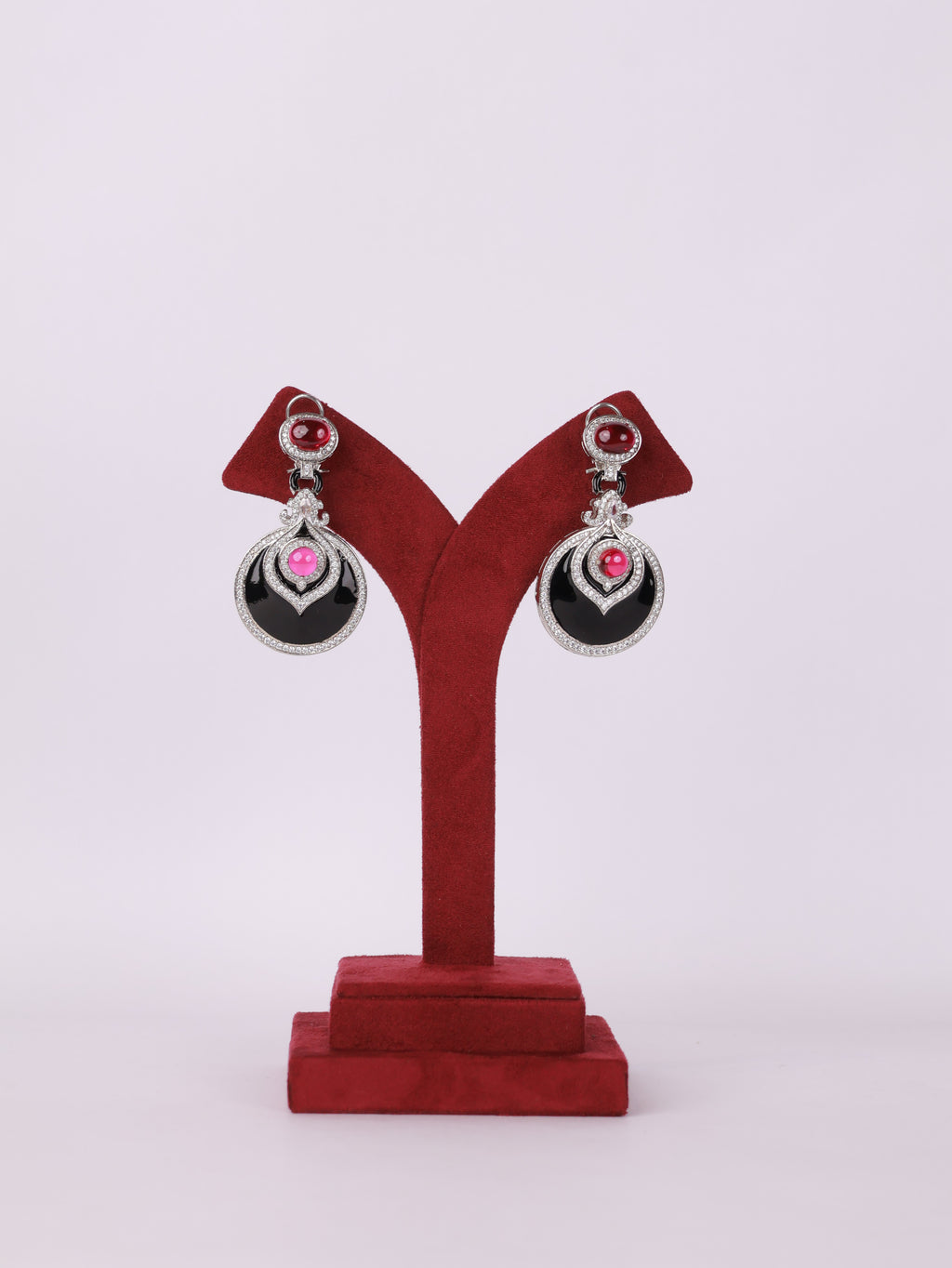 Royal Ruby Cabochon & Black Enamel Circular Drop Earrings